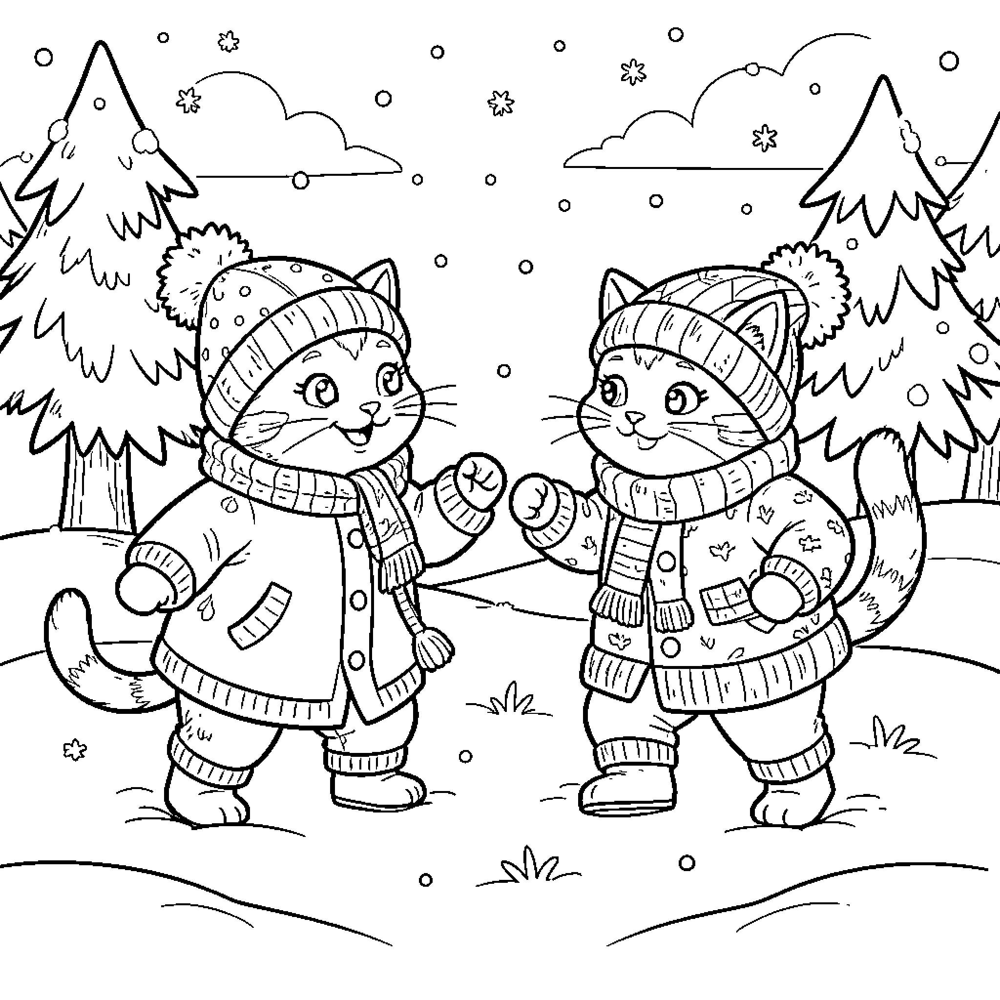 Gato cats playing in the winter wonderland Coloring Page (free black-and-white line drawing printable PDF for all, from beginners to advanced learners, including children, teens, adults, and seniors)
