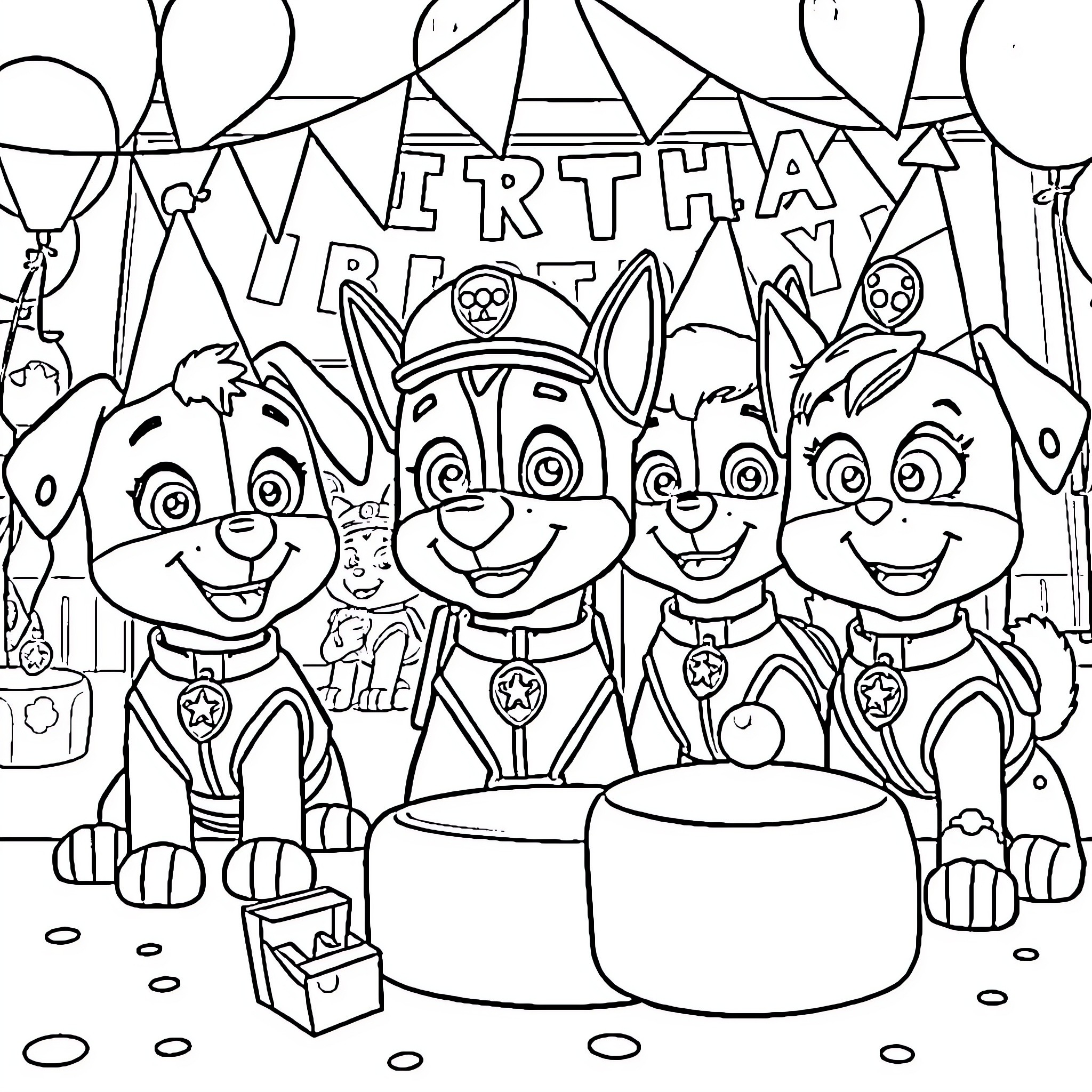 Paw Patrol Birthday Party Fun Coloring Page (free black-and-white line drawing printable PDF for all, from beginners to advanced learners, including children, teens, adults, and seniors)