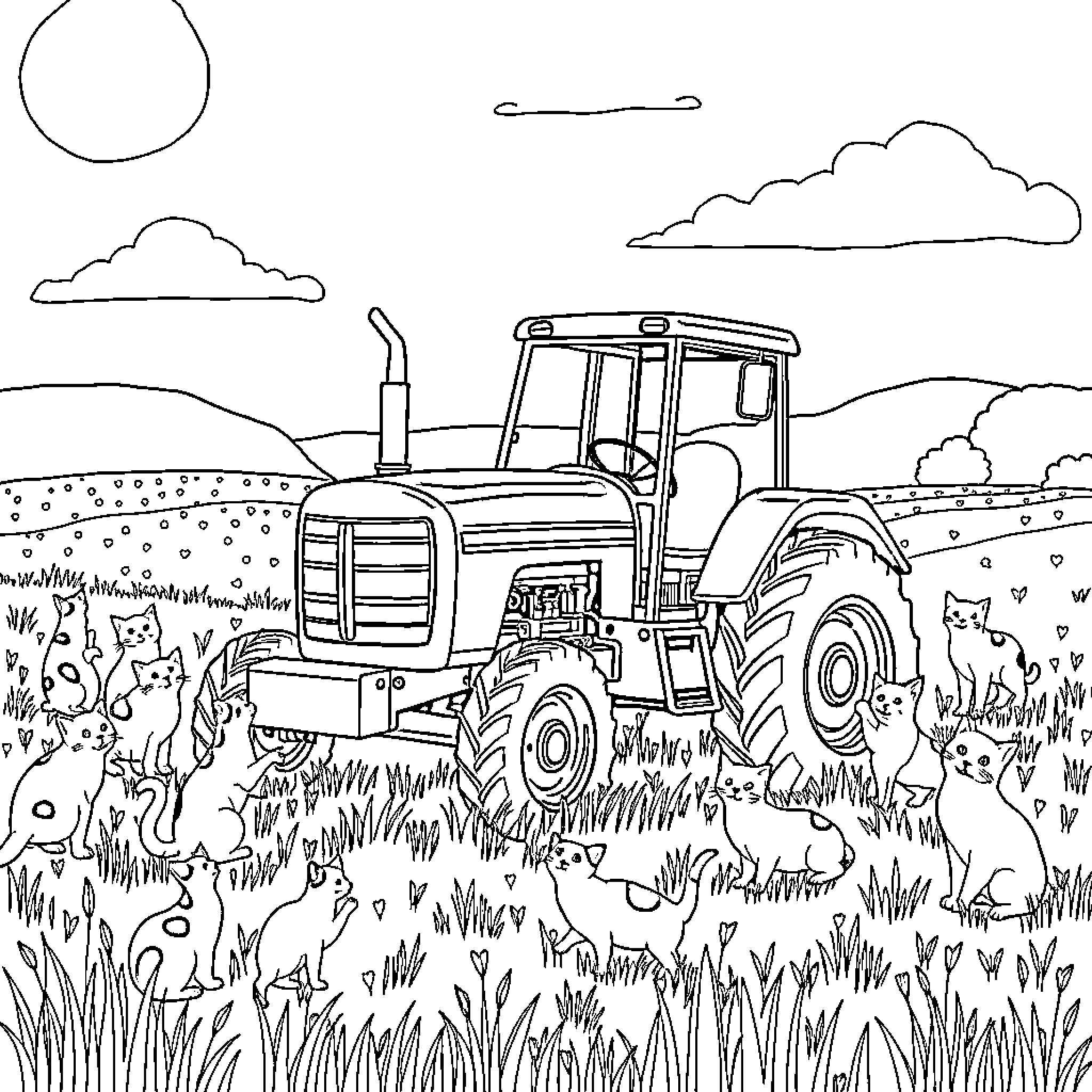 Tractor plowing a field with various animals Coloring Page (free black-and-white line drawing printable PDF for all, from beginners to advanced learners, including children, teens, adults, and seniors)