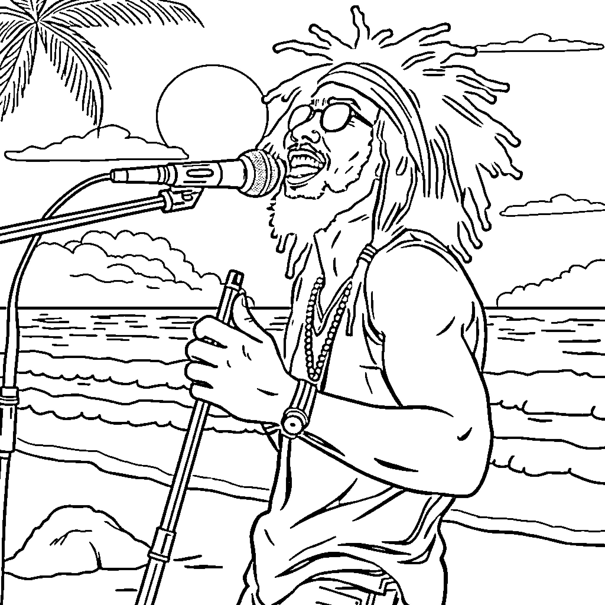 Reggae Singer performing on a tropical beach Coloring Page (free black-and-white line drawing printable PDF for all, from beginners to advanced learners, including children, teens, adults, and seniors)