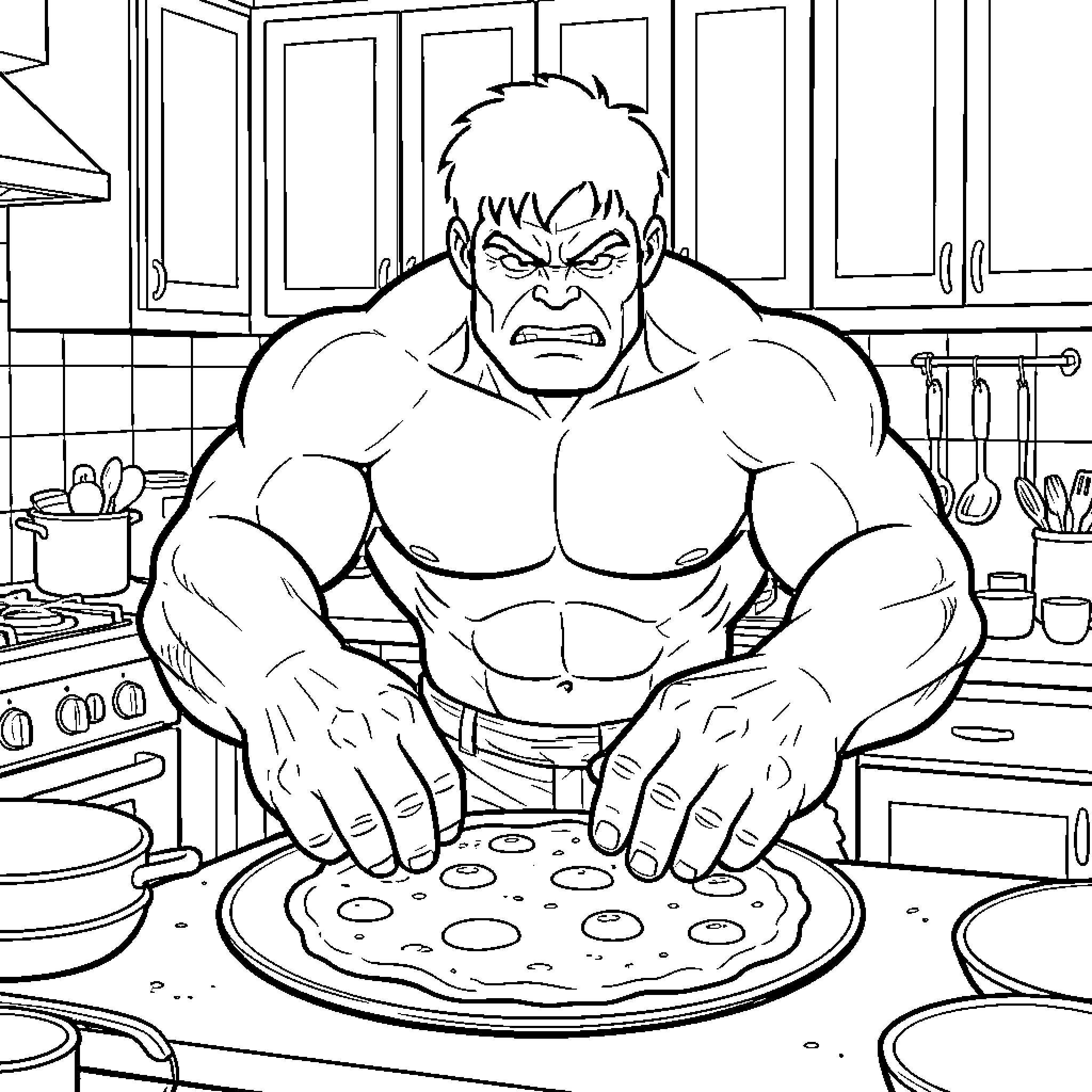 Hulk baking an angry pizza in the kitchen Coloring Page (free black-and-white line drawing printable PDF for all, from beginners to advanced learners, including children, teens, adults, and seniors)