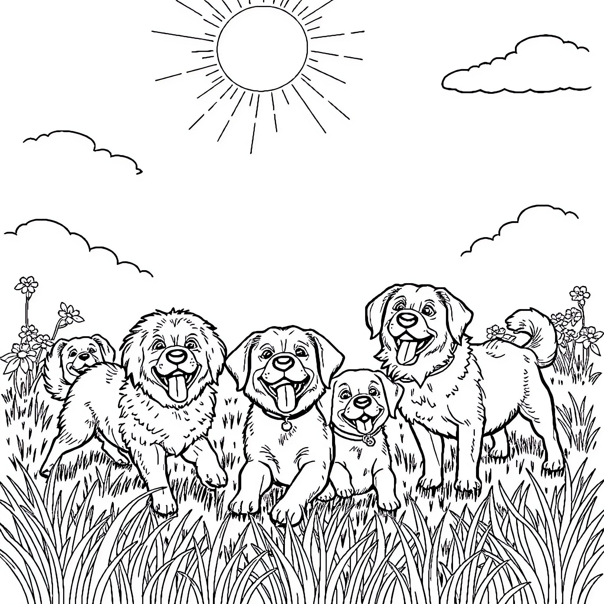 Dog friends playing in the sunny meadow Coloring Page (free black-and-white line drawing printable PDF for all, from beginners to advanced learners, including children, teens, adults, and seniors)