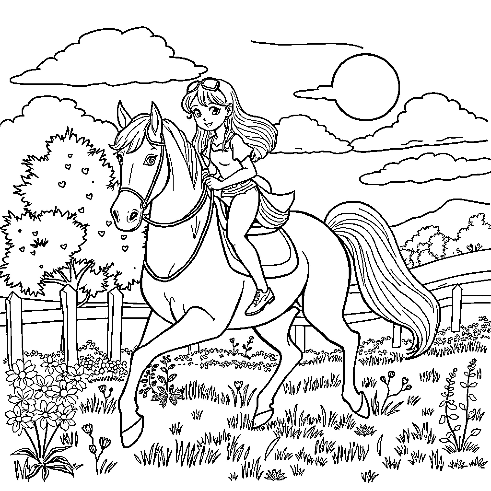 Sophie Dee's Joyful Horseback Adventure Coloring Page (free black-and-white line drawing printable PDF for all, from beginners to advanced learners, including children, teens, adults, and seniors)