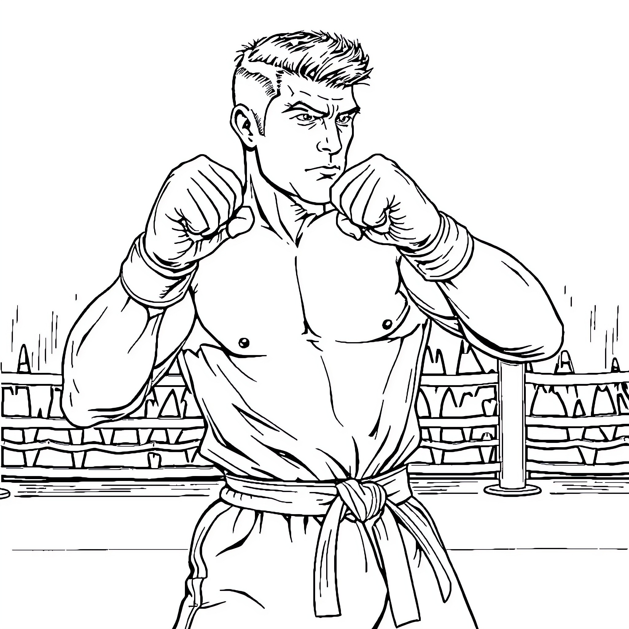 Frank Dux in intense martial arts stance Coloring Page (free black-and-white line drawing printable PDF for all, from beginners to advanced learners, including children, teens, adults, and seniors)