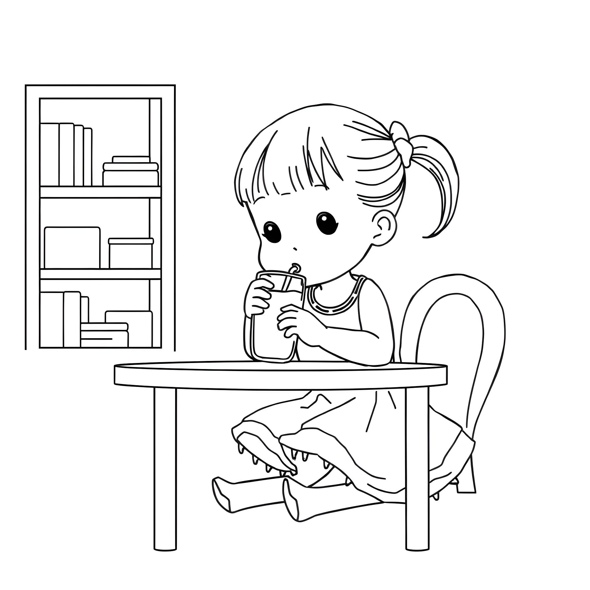 Girl enjoying a snack at the desk Coloring Page (free black-and-white line drawing printable PDF for all, from beginners to advanced learners, including children, teens, adults, and seniors)