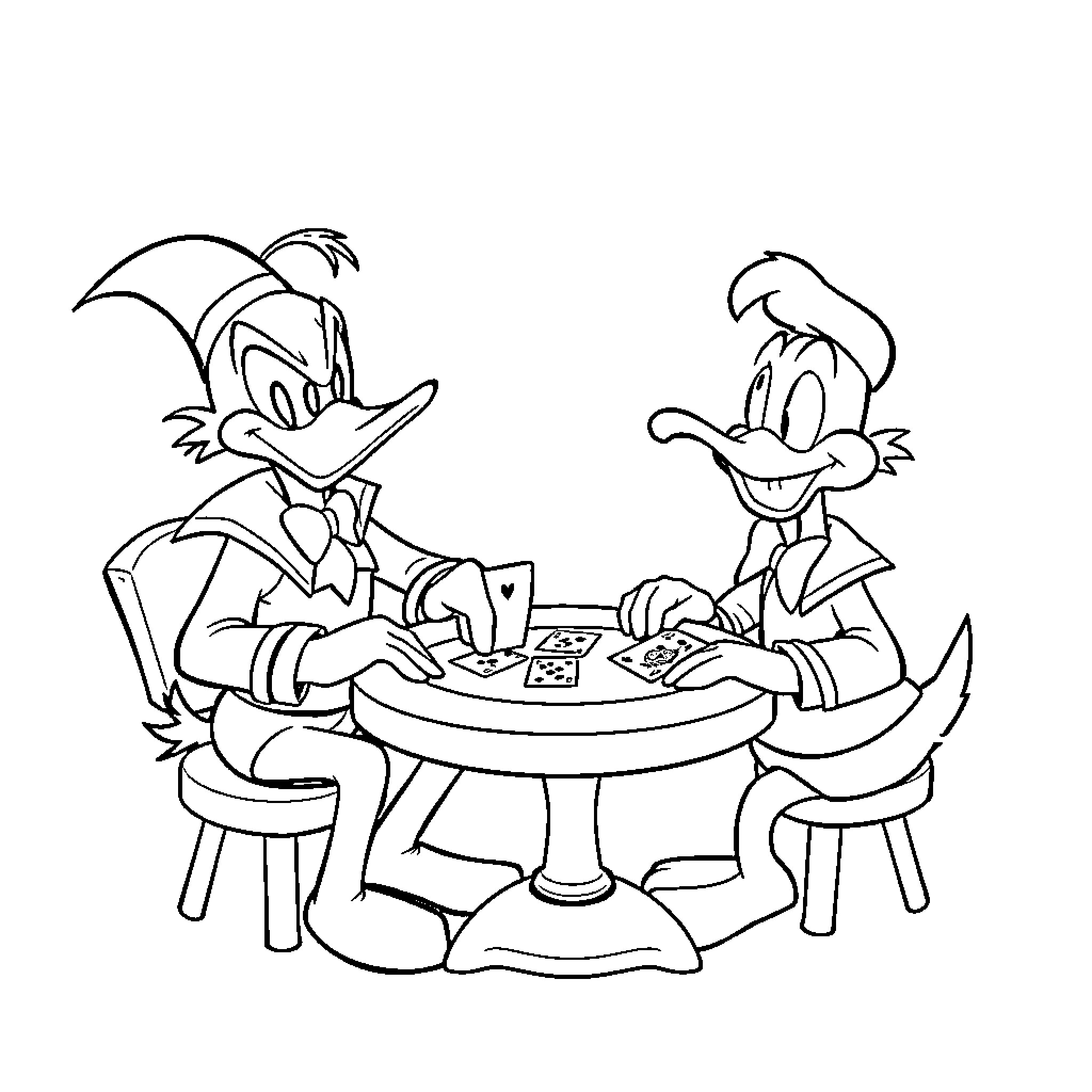 Darkwing Duck playing a game with Launchpad Coloring Page (free black-and-white line drawing printable PDF for all, from beginners to advanced learners, including children, teens, adults, and seniors)