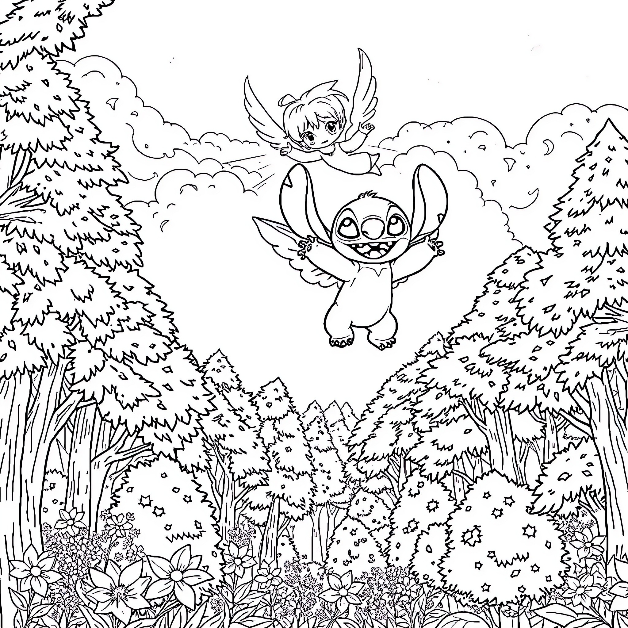 Stitch and Fairy in Enchanted Forest Coloring Page (free black-and-white line drawing printable PDF for all, from beginners to advanced learners, including children, teens, adults, and seniors)