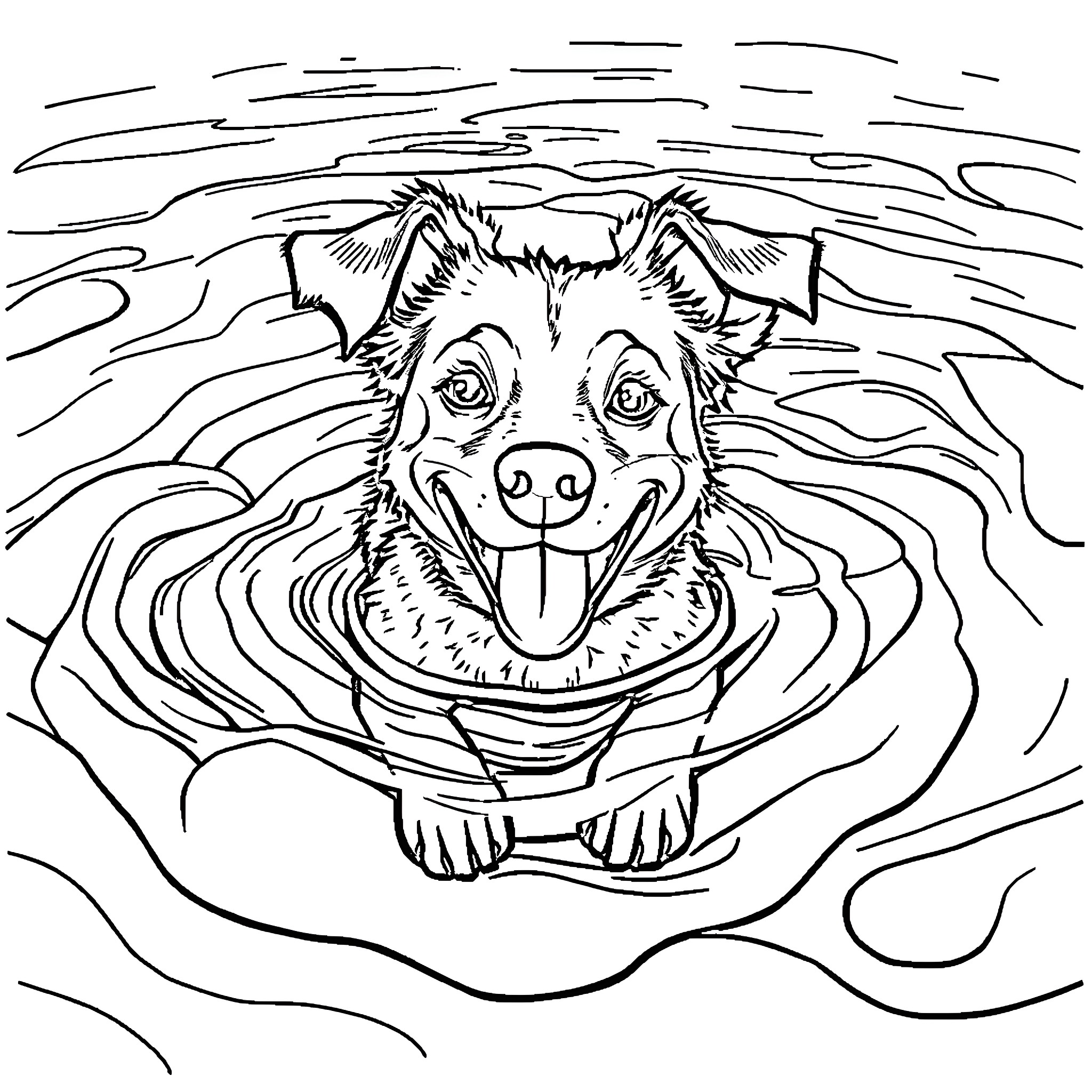 Dog playing happily in the waves Coloring Page (free black-and-white line drawing printable PDF for all, from beginners to advanced learners, including children, teens, adults, and seniors)
