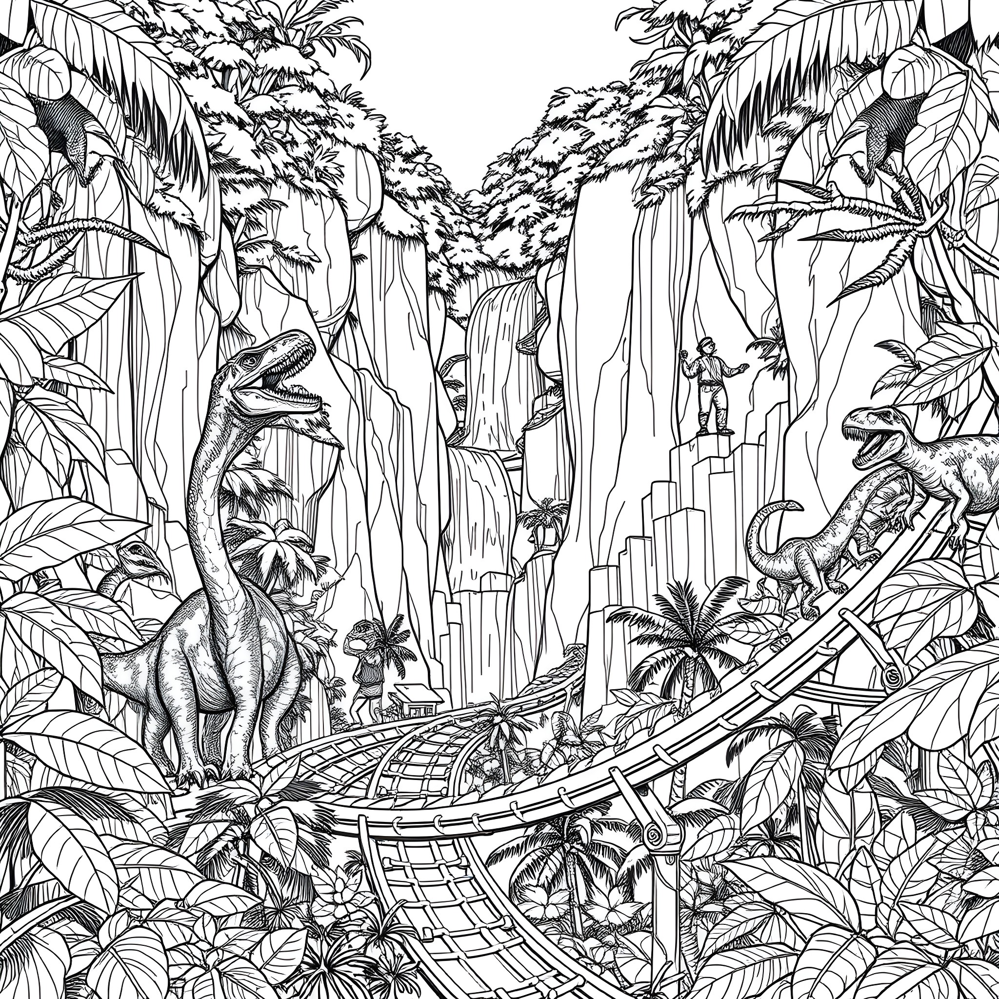 Jurassic World: Dinosaurs Roaming in Lush Jungle Landscape Coloring Page (free black-and-white line drawing printable PDF for all, from beginners to advanced learners, including children, teens, adults, and seniors)