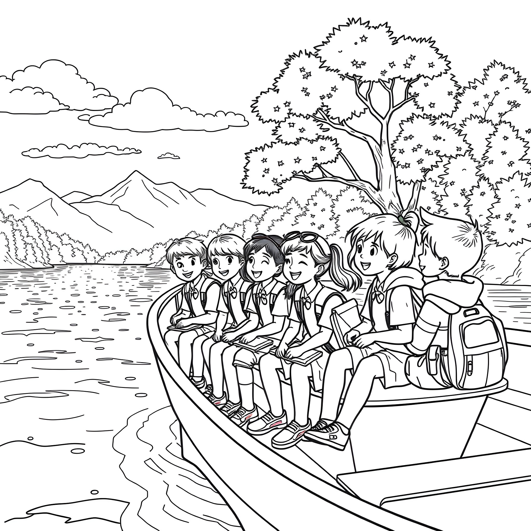 Child group enjoying a boat ride in nature Coloring Page (free black-and-white line drawing printable PDF for all, from beginners to advanced learners, including children, teens, adults, and seniors)