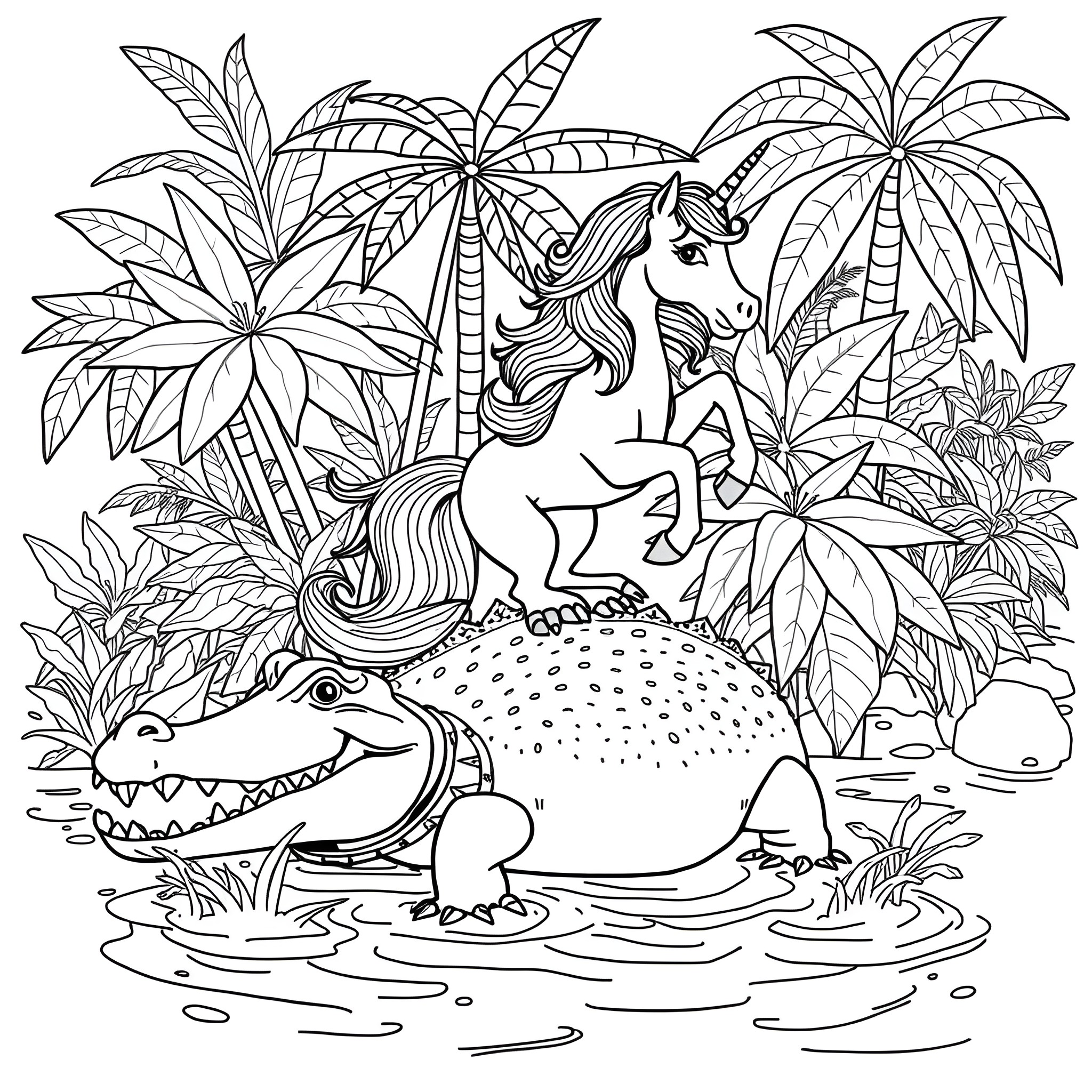 Unicorn frolicking in tropical paradise with mythical creatures Coloring Page (free black-and-white line drawing printable PDF for all, from beginners to advanced learners, including children, teens, adults, and seniors)