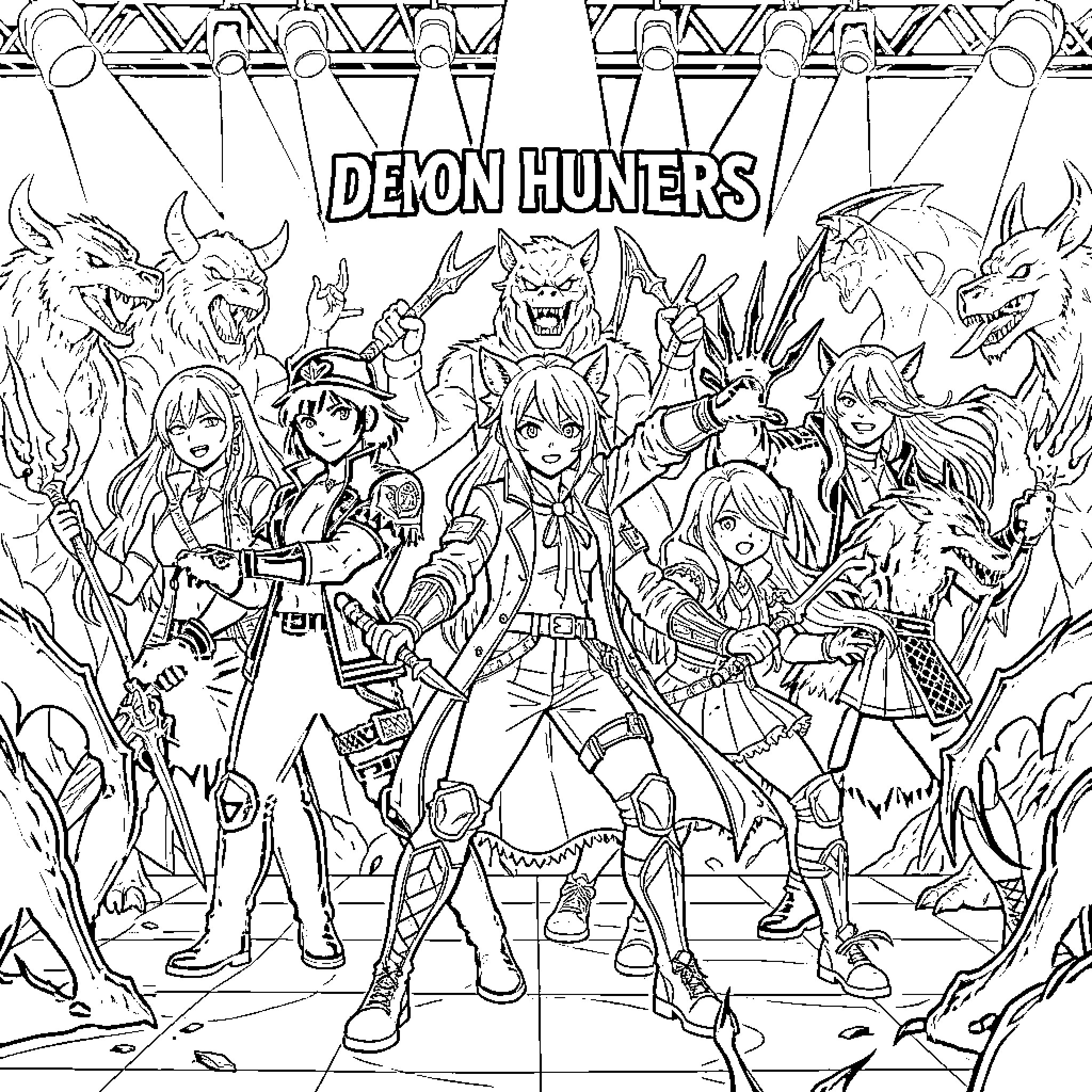 Demon Hunters Battling Fearsome Monsters Coloring Page (free black-and-white line drawing printable PDF for all, from beginners to advanced learners, including children, teens, adults, and seniors)