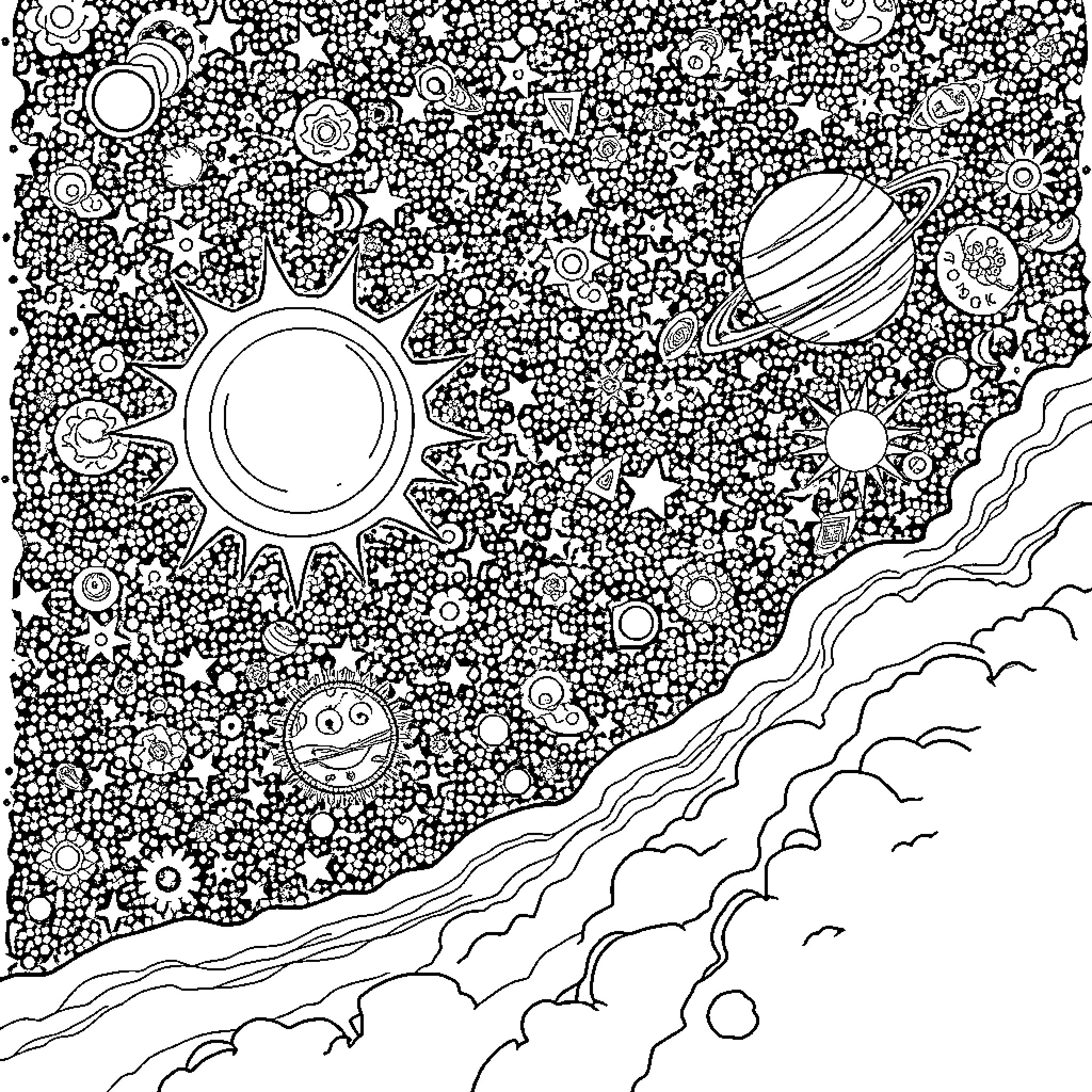 Solar System Doodle Illustration Coloring Page (free black-and-white line drawing printable PDF for all, from beginners to advanced learners, including children, teens, adults, and seniors)