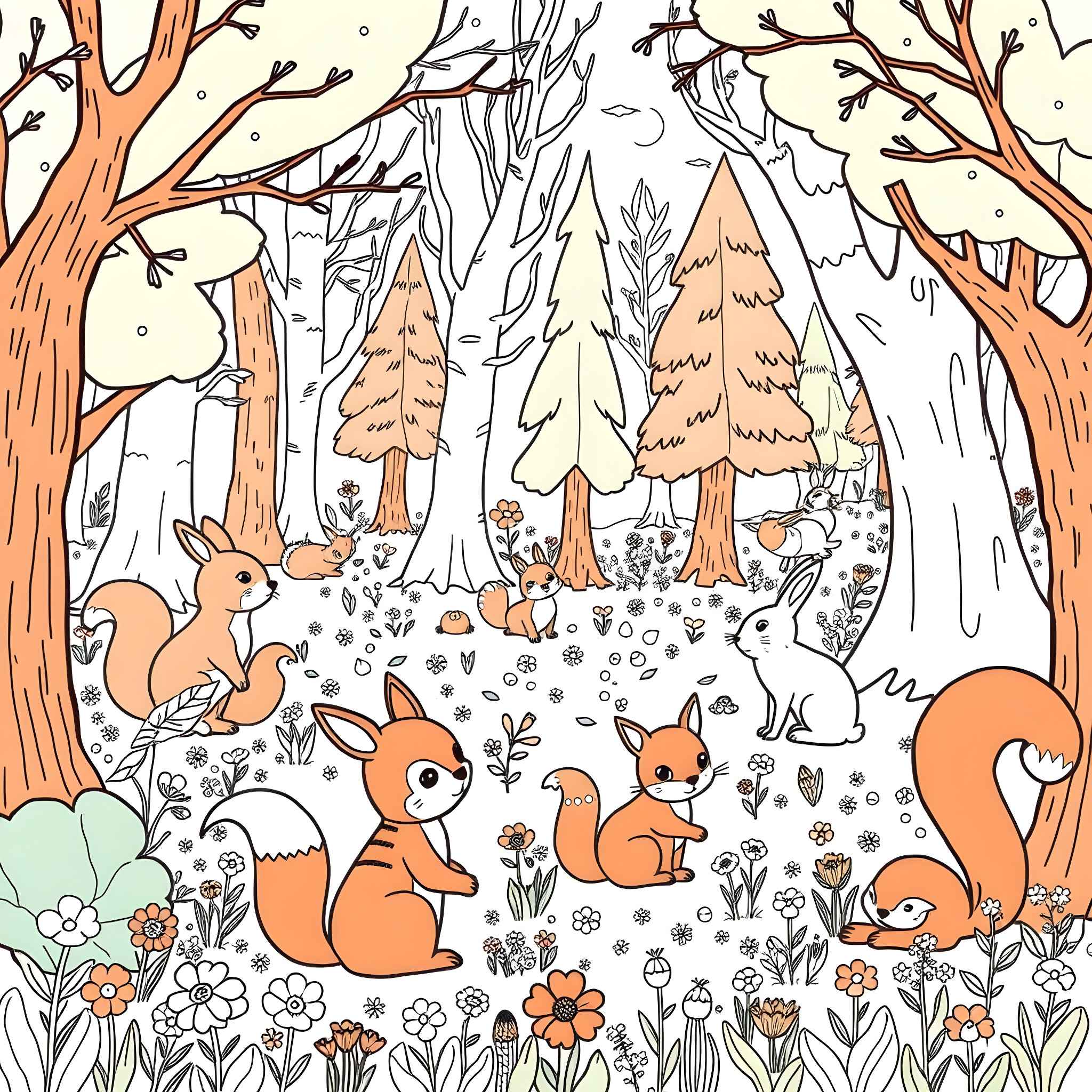 Animal Forest Scene with Playful Wildlife Coloring Page (free black-and-white line drawing printable PDF for all, from beginners to advanced learners, including children, teens, adults, and seniors)