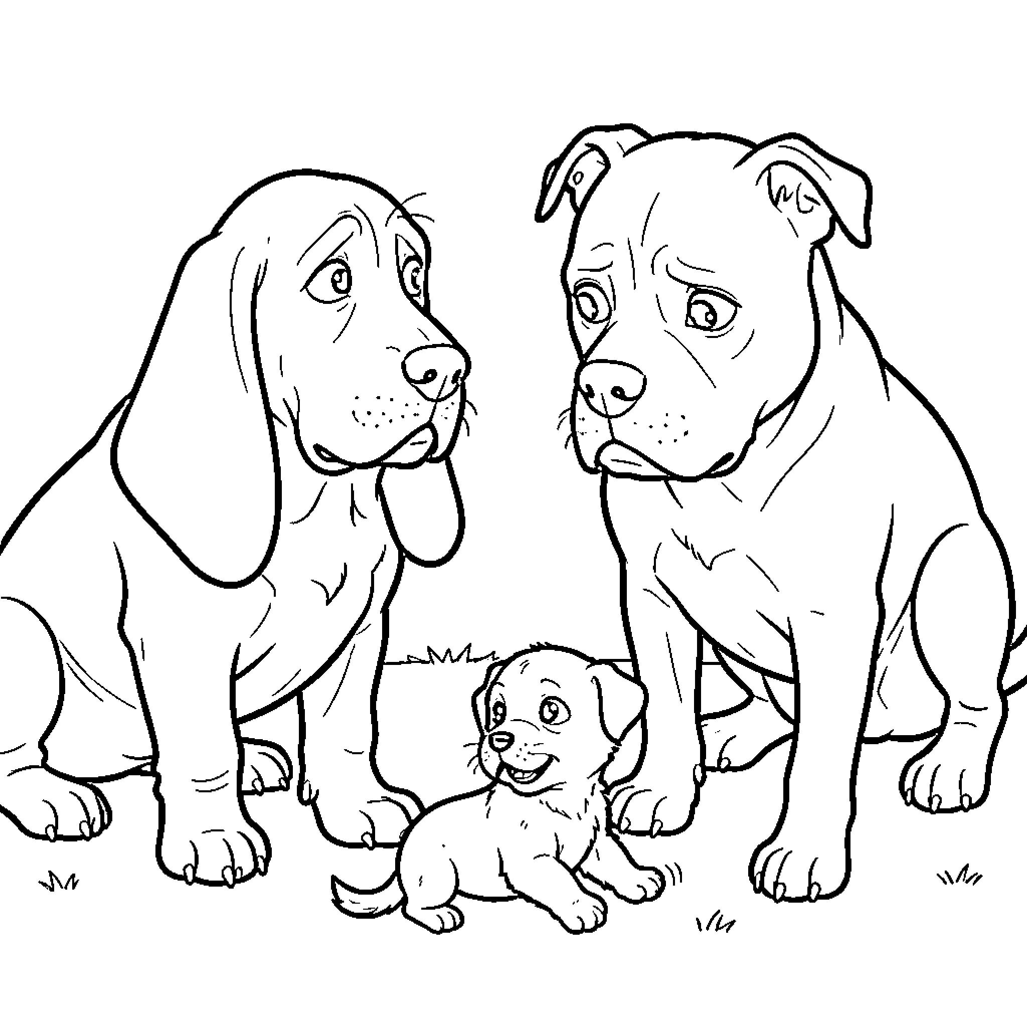 Dog family looking down at a small puppy Coloring Page (free black-and-white line drawing printable PDF for all, from beginners to advanced learners, including children, teens, adults, and seniors)