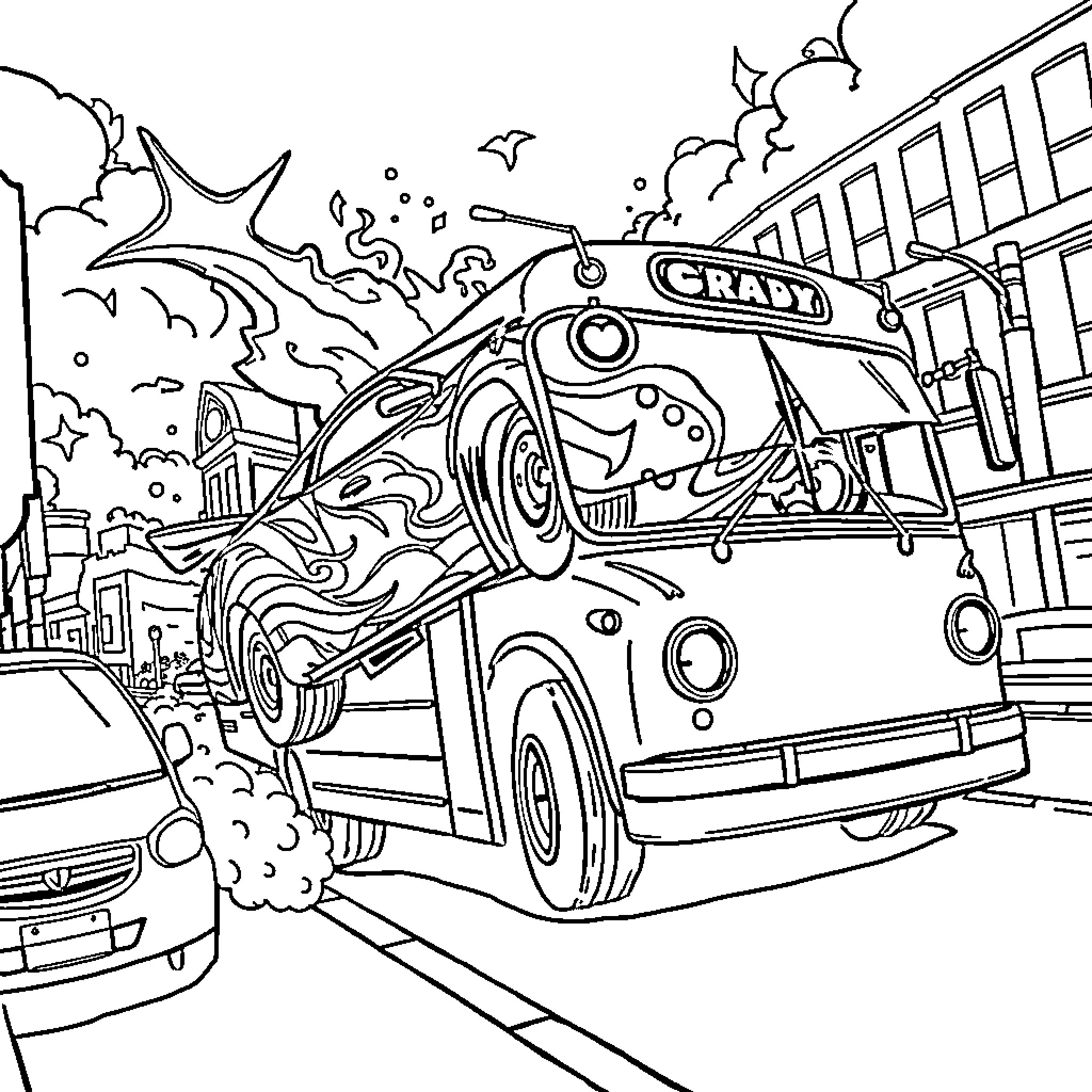 Sparkle Smash Tow Truck Chaos Coloring Page (free black-and-white line drawing printable PDF for all, from beginners to advanced learners, including children, teens, adults, and seniors)