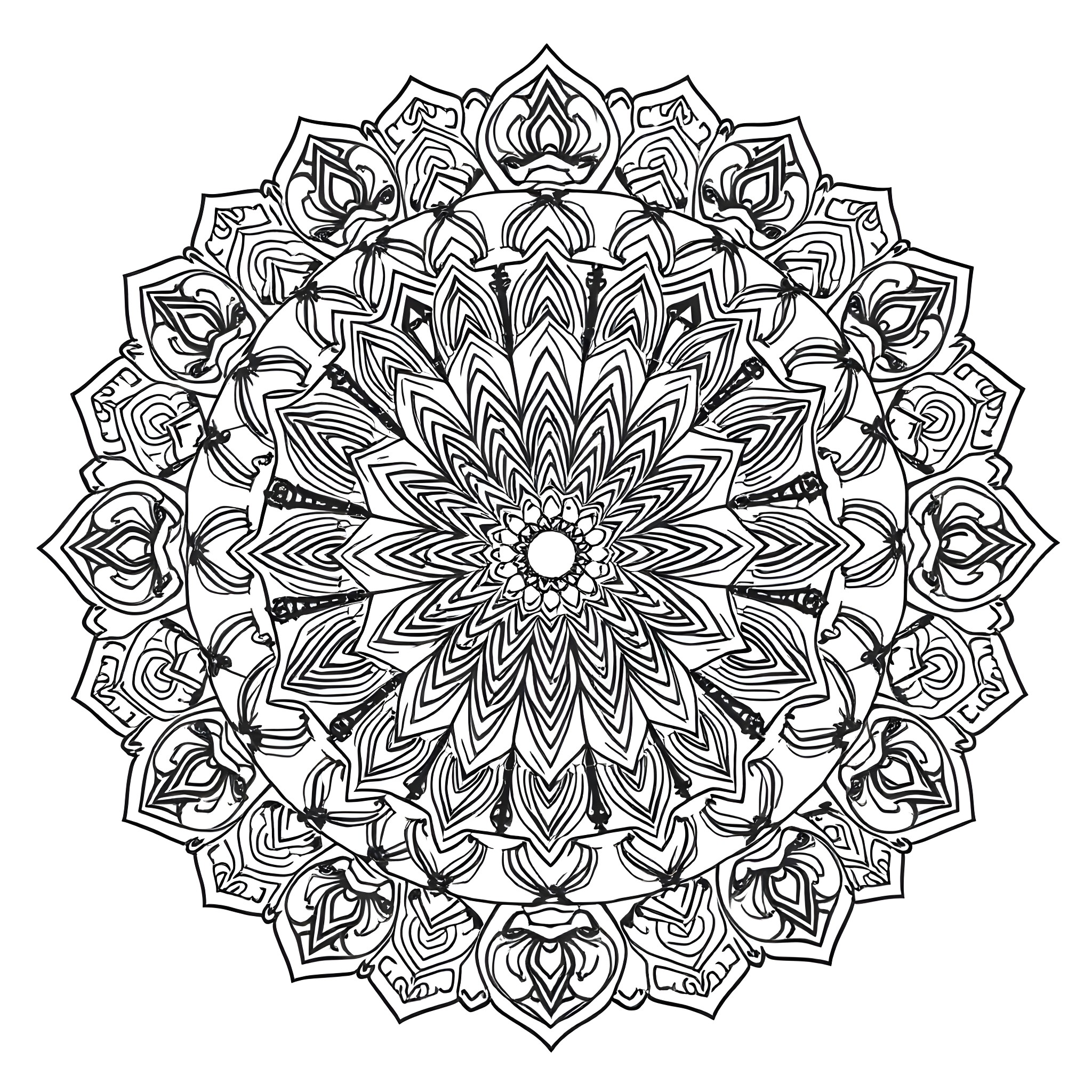 Mandala with intricate floral patterns Coloring Page (free black-and-white line drawing printable PDF for all, from beginners to advanced learners, including children, teens, adults, and seniors)