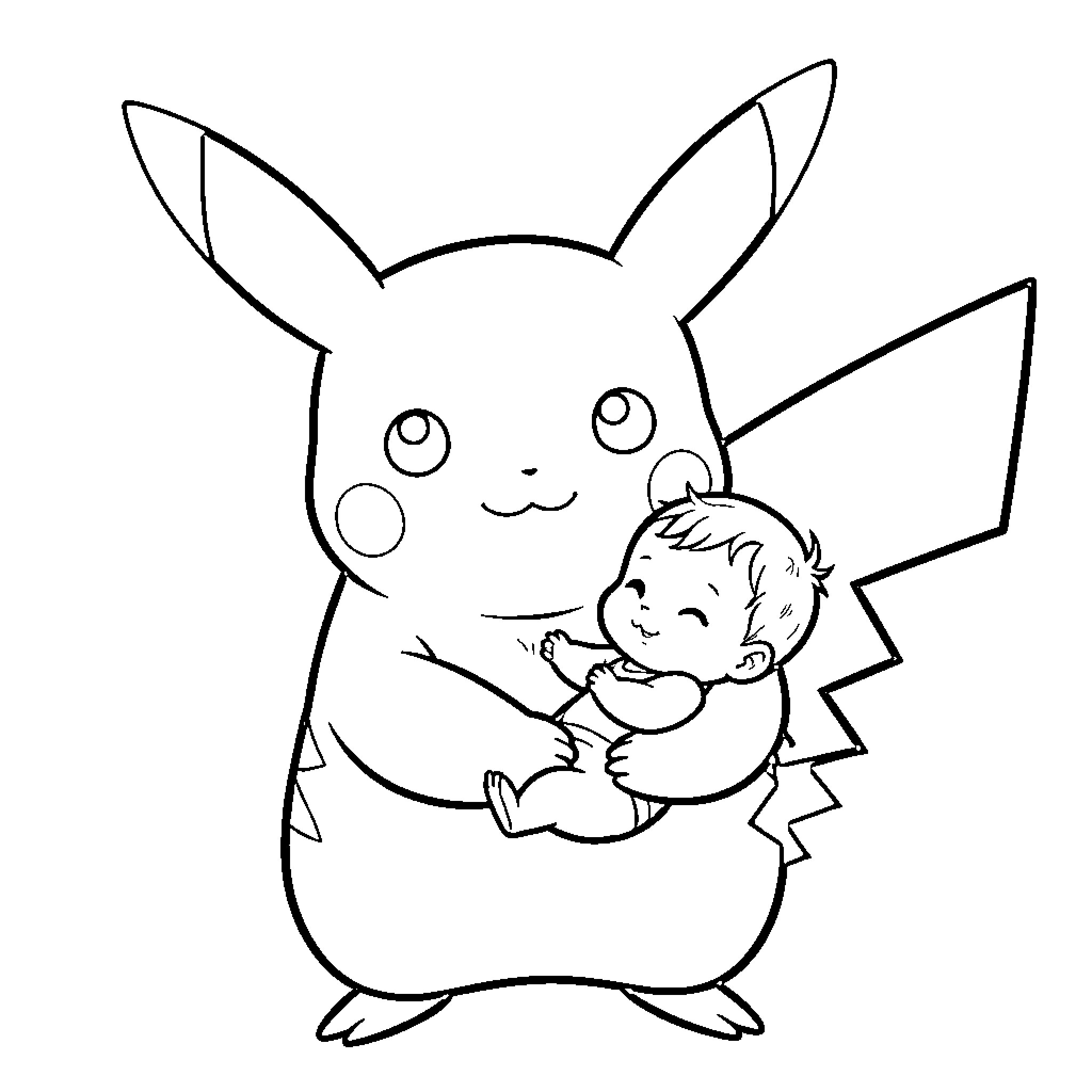 Pikachu smiling while gently holding a small baby Coloring Page (free black-and-white line drawing printable PDF for all, from beginners to advanced learners, including children, teens, adults, and seniors)