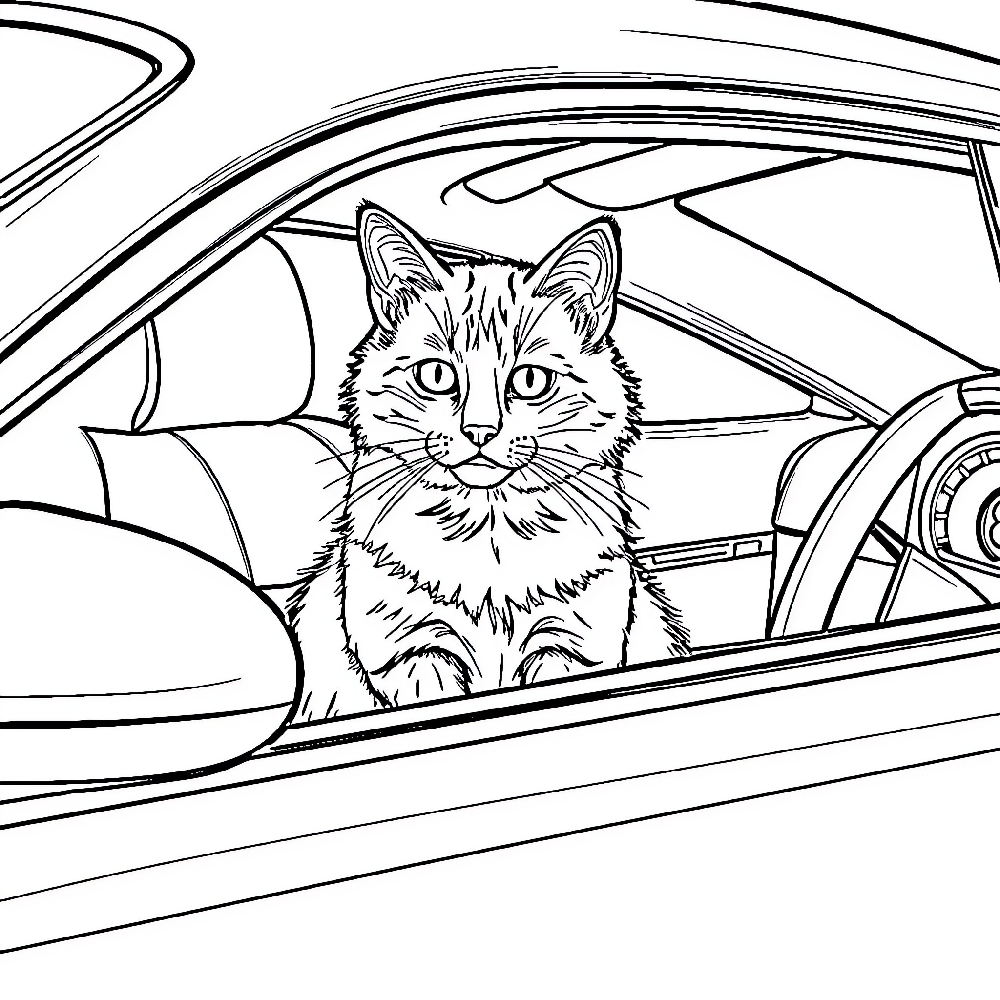 Fire Cat driving a car Coloring Page (free black-and-white line drawing printable PDF for all, from beginners to advanced learners, including children, teens, adults, and seniors)