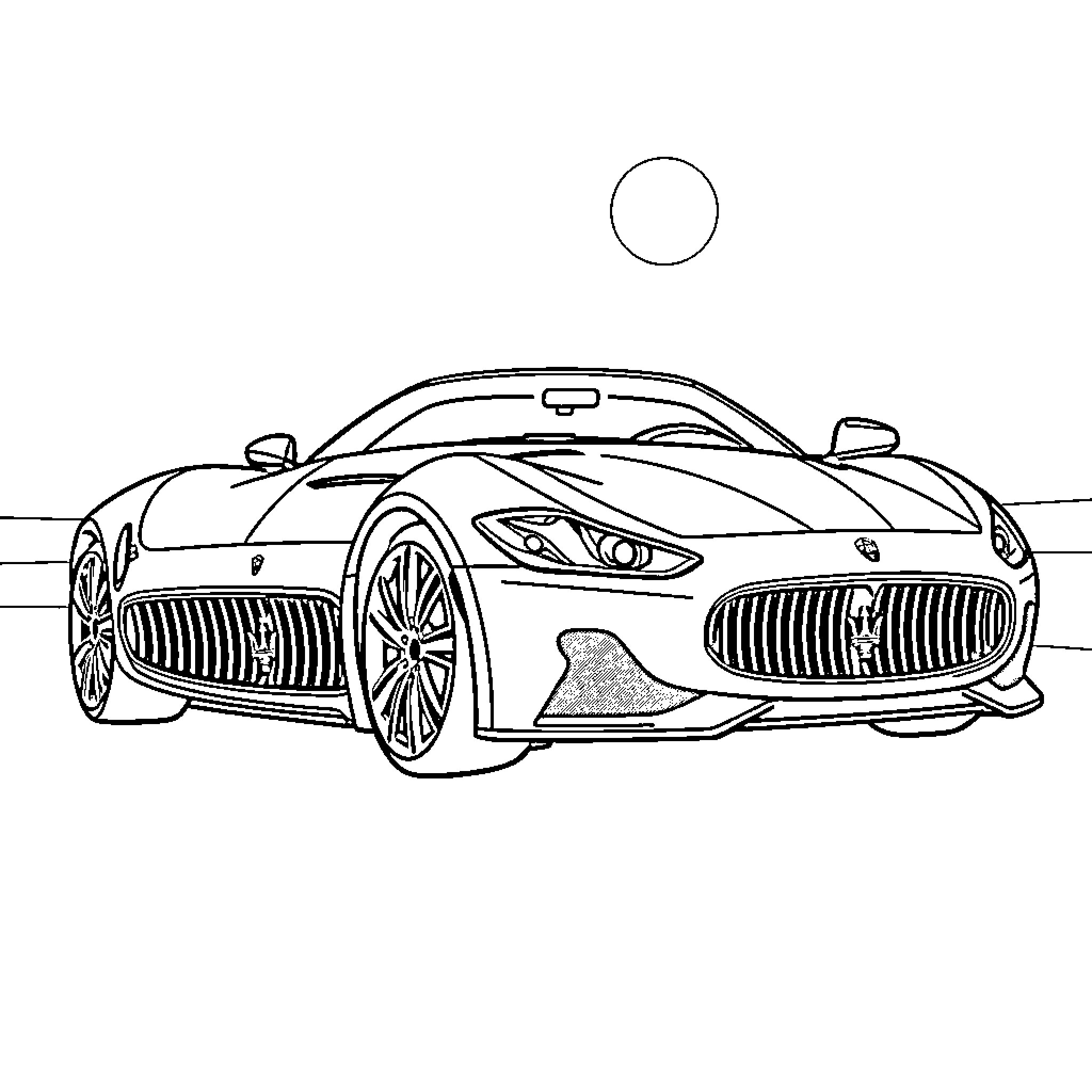 Maserati luxury sports car on the road Coloring Page (free black-and-white line drawing printable PDF for all, from beginners to advanced learners, including children, teens, adults, and seniors)