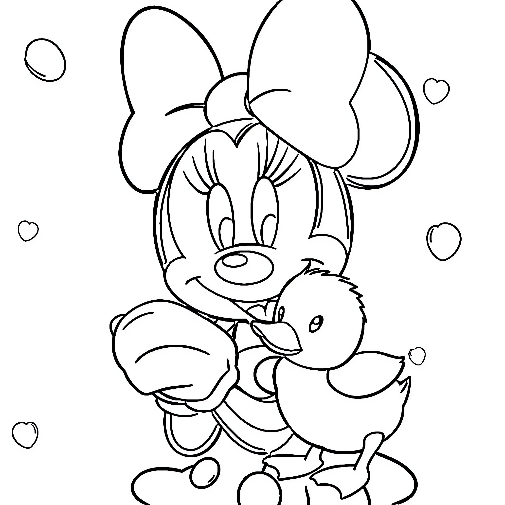 Minnie playing with baby chick Coloring Page (free black-and-white line drawing printable PDF for all, from beginners to advanced learners, including children, teens, adults, and seniors)