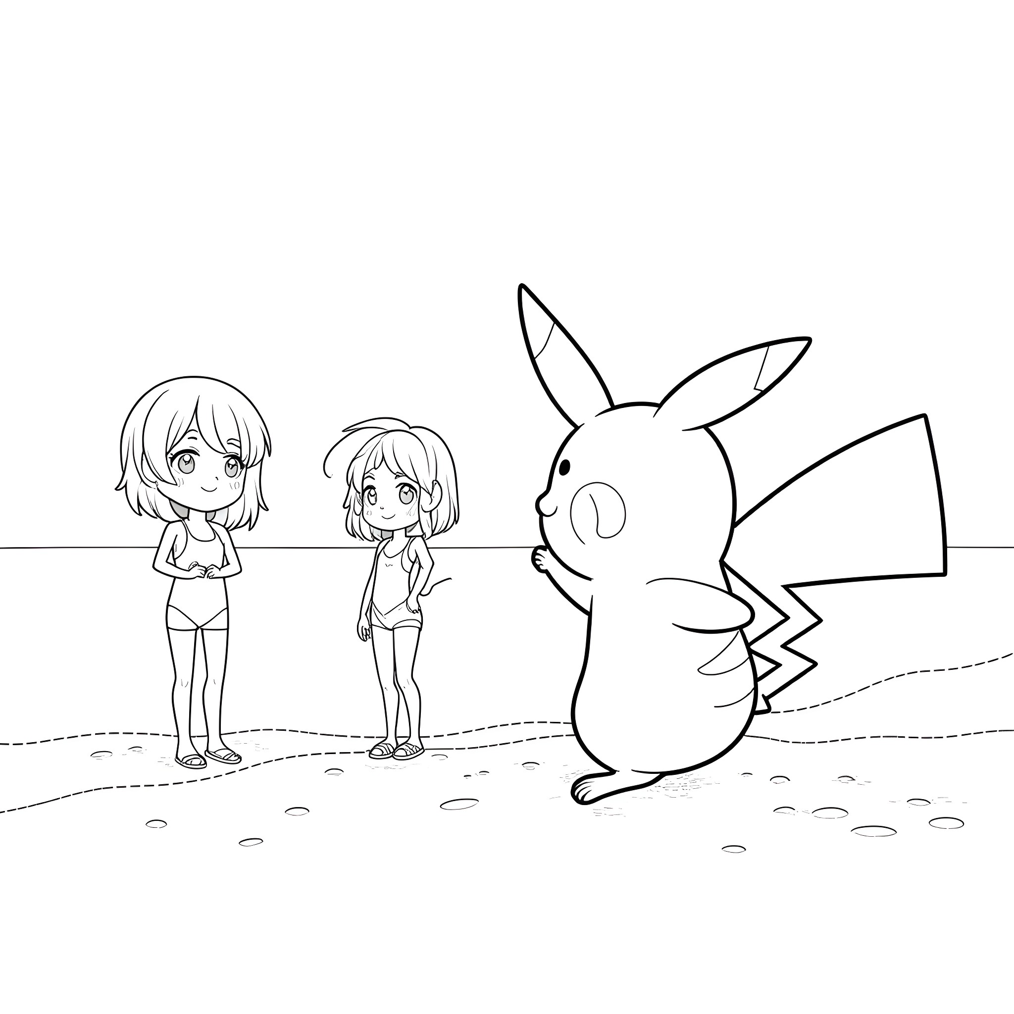 Pikachu playing with anime-style girls Coloring Page (free black-and-white line drawing printable PDF for all, from beginners to advanced learners, including children, teens, adults, and seniors)