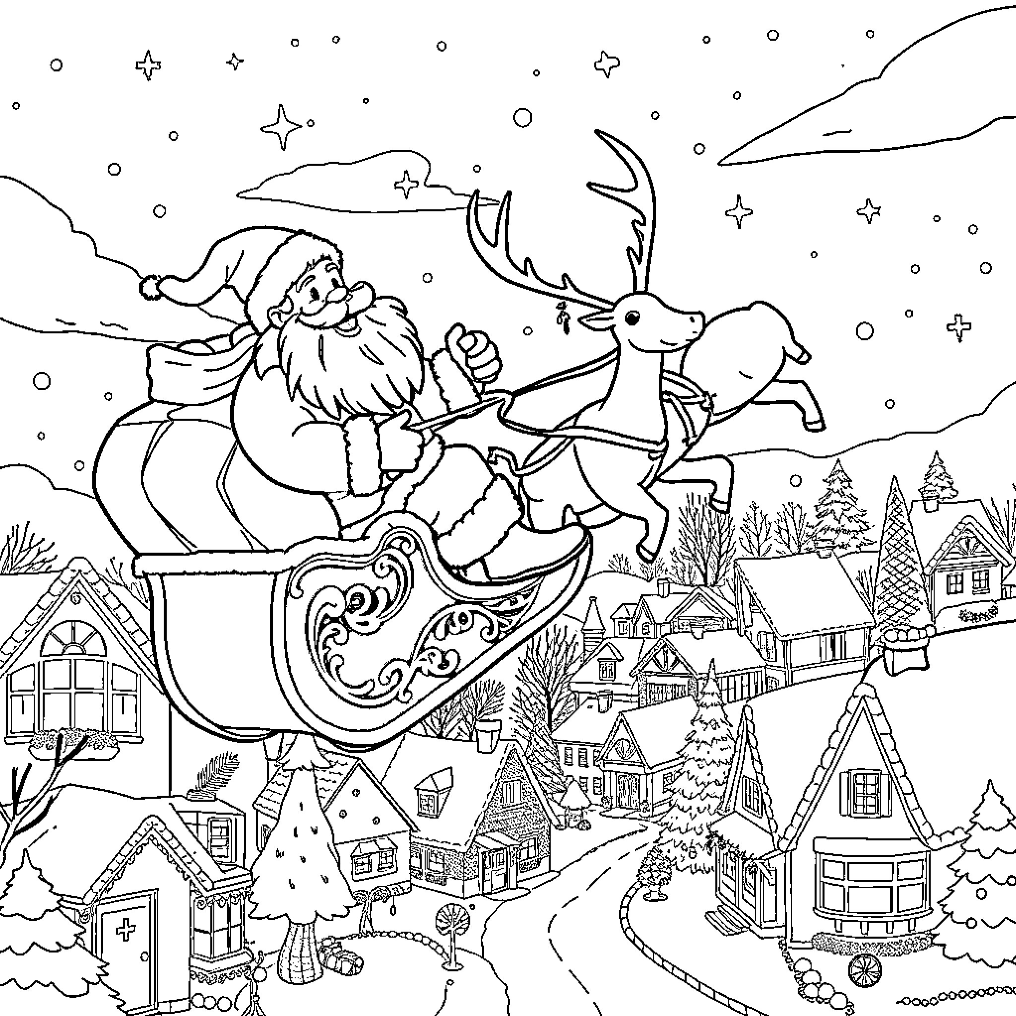 Santa riding sleigh with reindeer over snowy village Coloring Page (free black-and-white line drawing printable PDF for all, from beginners to advanced learners, including children, teens, adults, and seniors)
