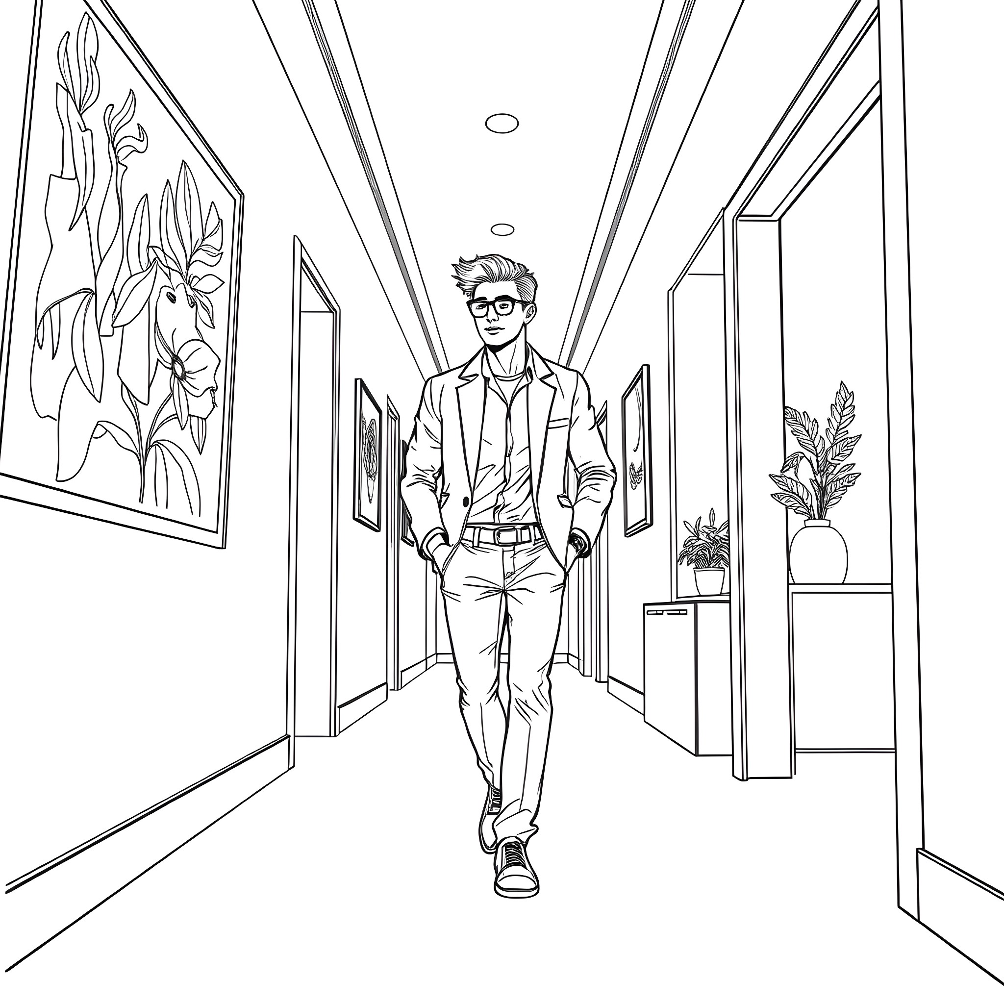Teen Guy Walking Along the Hallway Coloring Page (free black-and-white line drawing printable PDF for all, from beginners to advanced learners, including children, teens, adults, and seniors)
