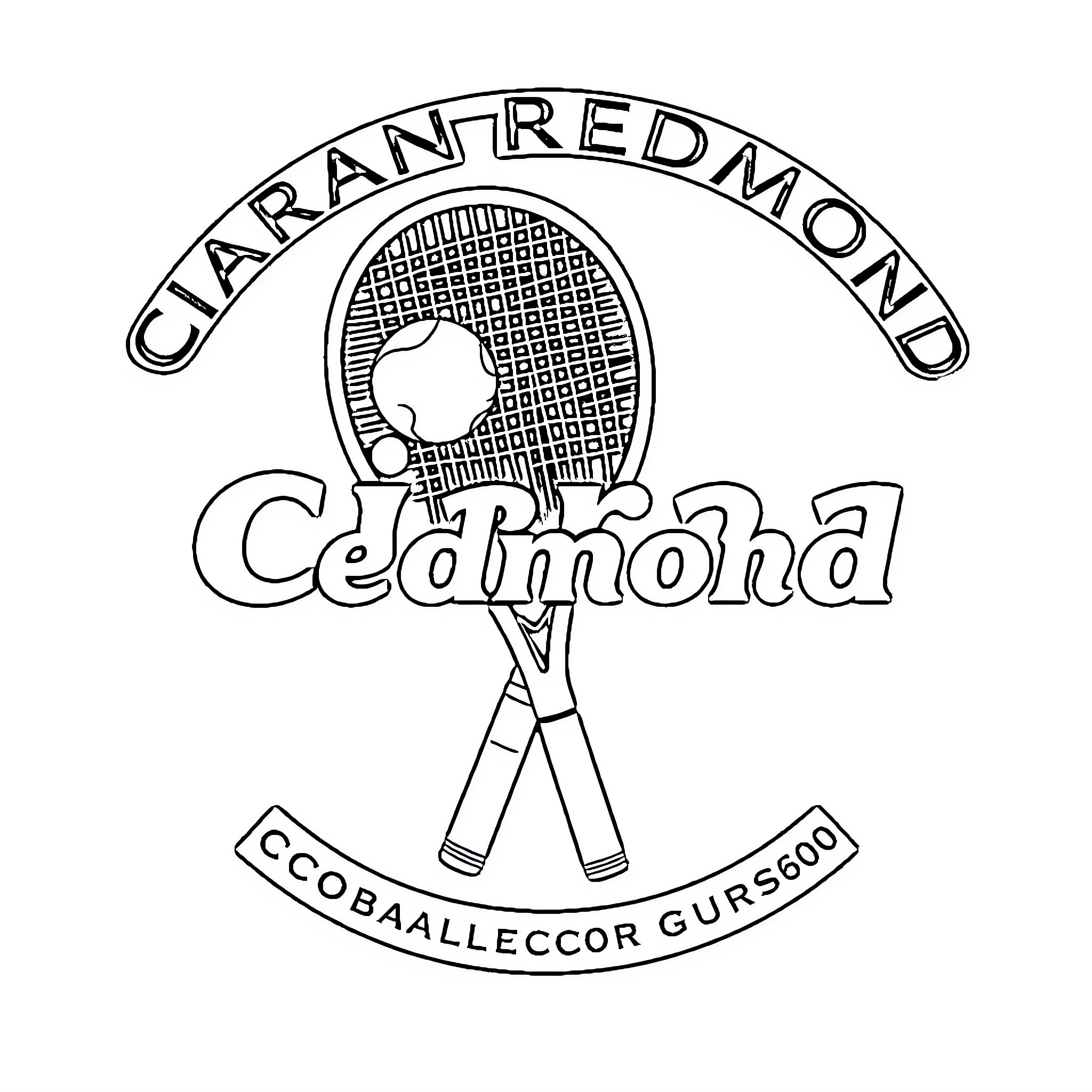Tennis racket and logo with crossed rackets Coloring Page (free black-and-white line drawing printable PDF for all, from beginners to advanced learners, including children, teens, adults, and seniors)