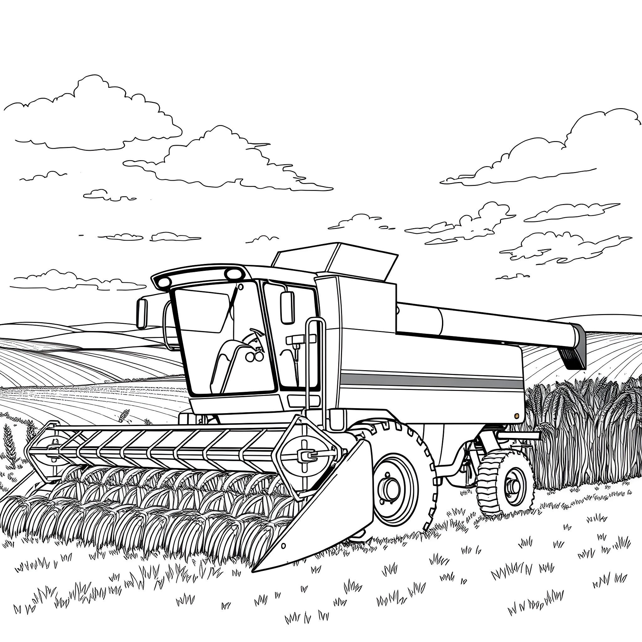 Pickup Truck Harvesting Crops in the Field Coloring Page (free black-and-white line drawing printable PDF for all, from beginners to advanced learners, including children, teens, adults, and seniors)