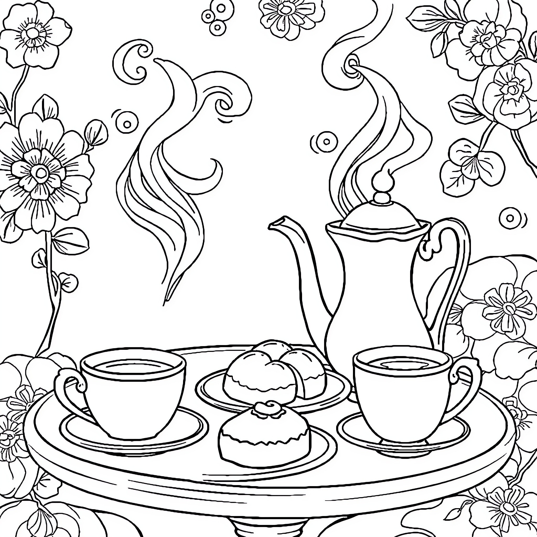 Tea time with floral decorations Coloring Page (free black-and-white line drawing printable PDF for all, from beginners to advanced learners, including children, teens, adults, and seniors)