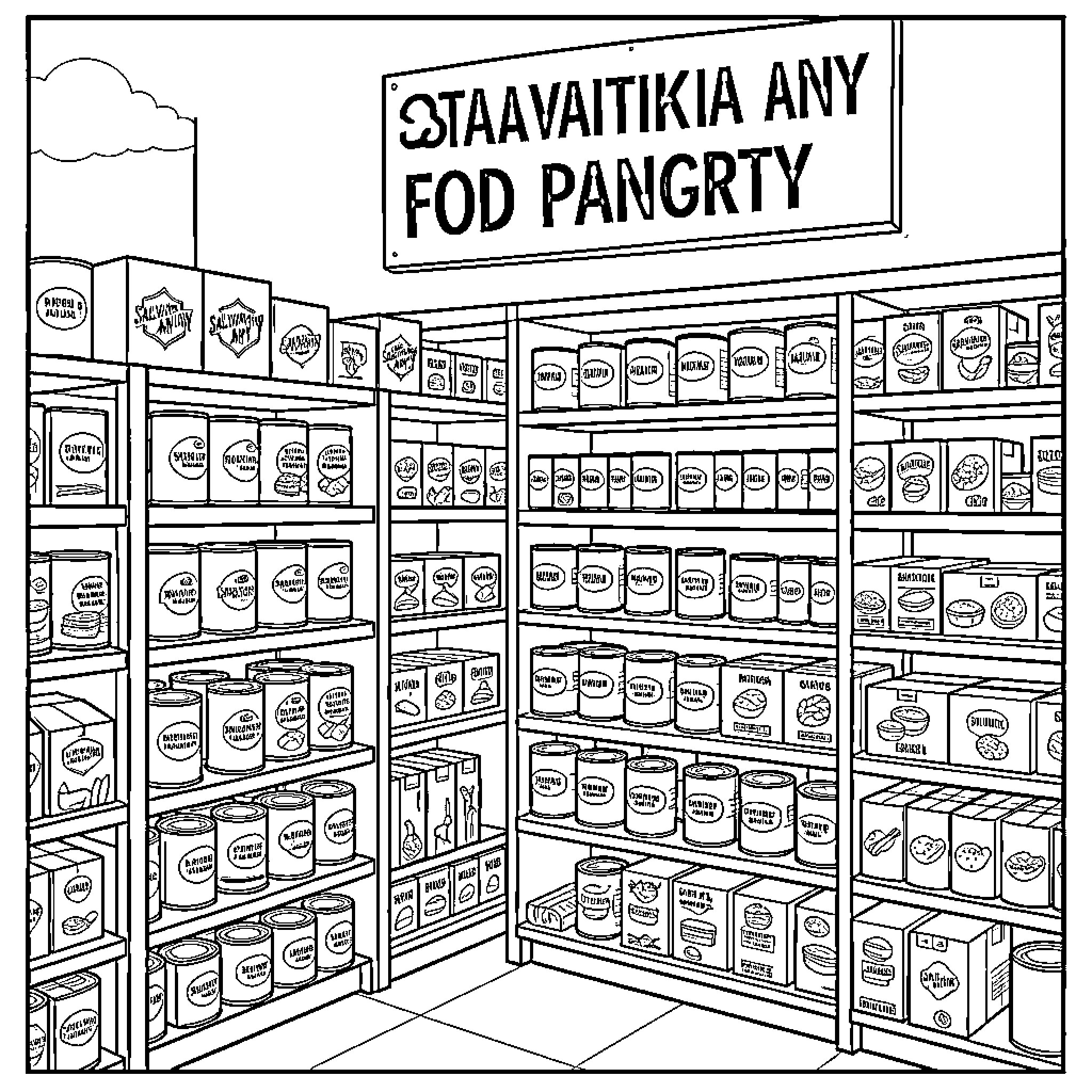 Food Pantry Stocked with Canned Goods and Supplies Coloring Page (free black-and-white line drawing printable PDF for all, from beginners to advanced learners, including children, teens, adults, and seniors)