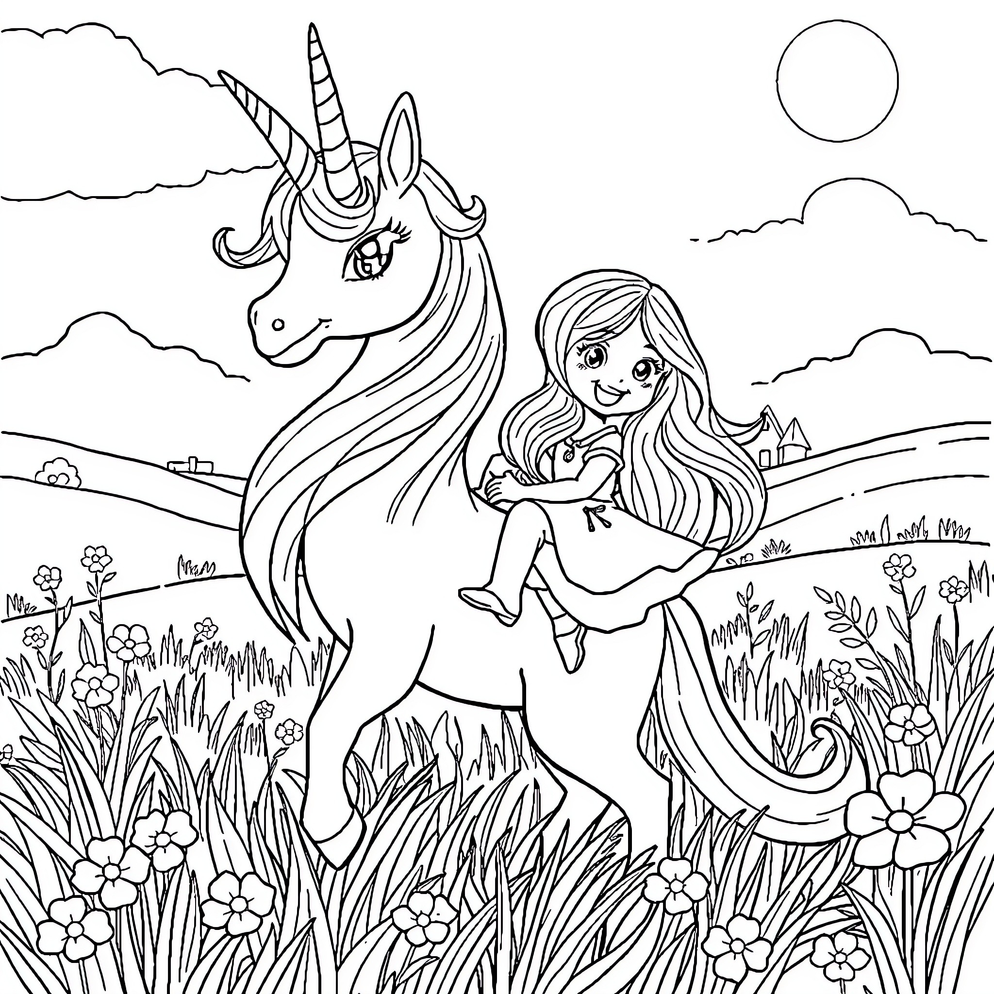 Licorne: Girl and Unicorn in Whimsical Meadow Coloring Page (free black-and-white line drawing printable PDF for all, from beginners to advanced learners, including children, teens, adults, and seniors)