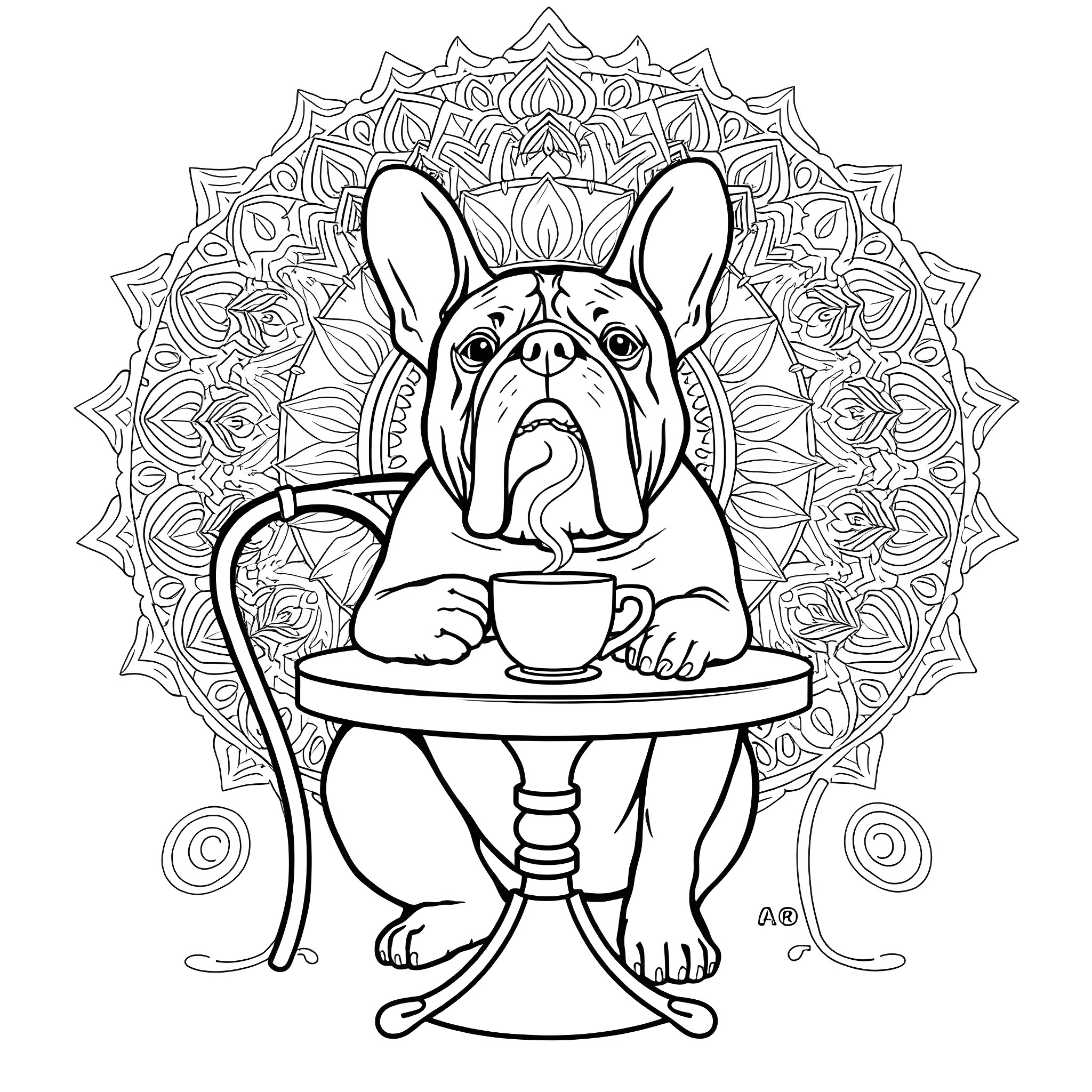 Bulldog enjoying a cup of tea in a cozy setting Coloring Page (free black-and-white line drawing printable PDF for all, from beginners to advanced learners, including children, teens, adults, and seniors)