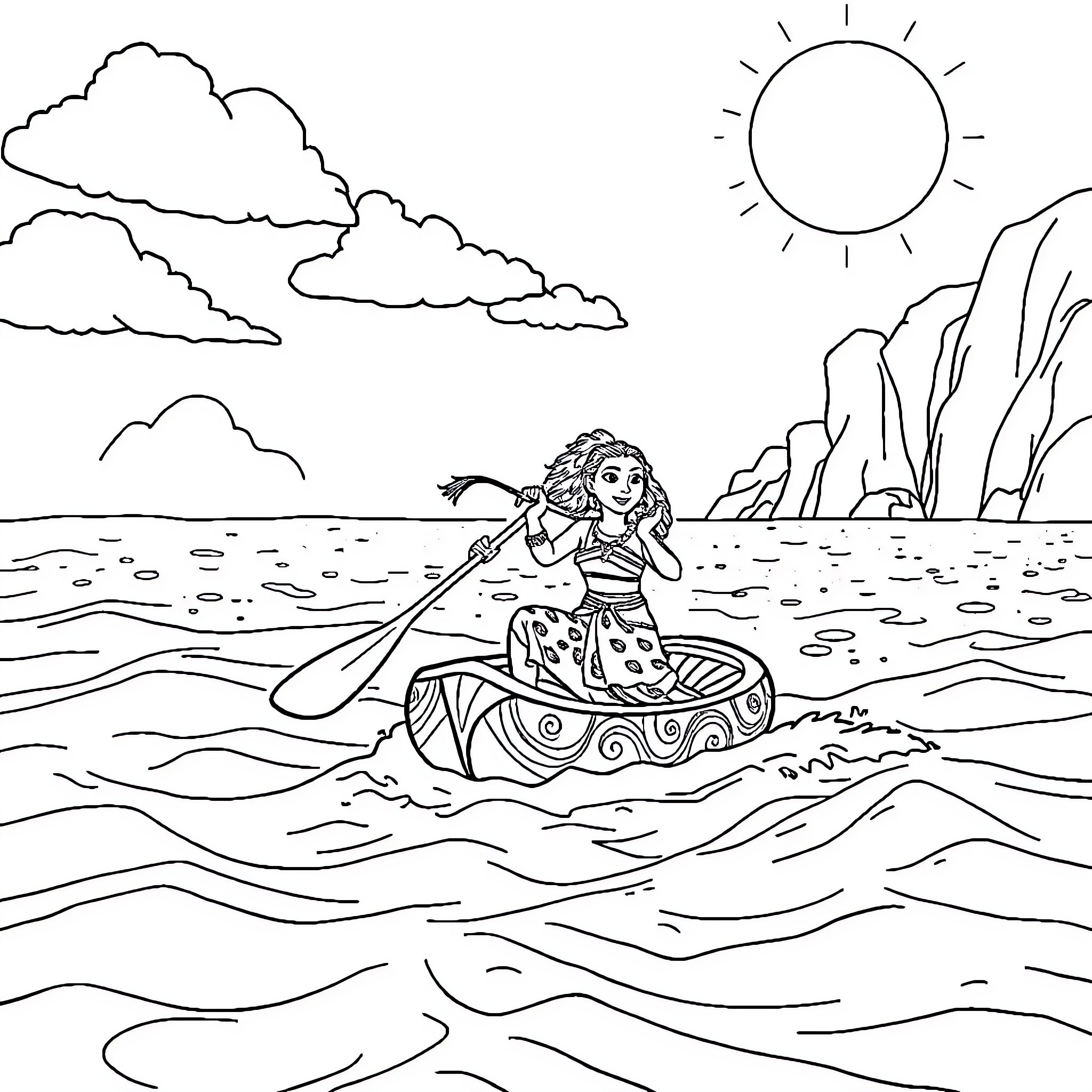 Moana sailing on a boat in the ocean Coloring Page (free black-and-white line drawing printable PDF for all, from beginners to advanced learners, including children, teens, adults, and seniors)