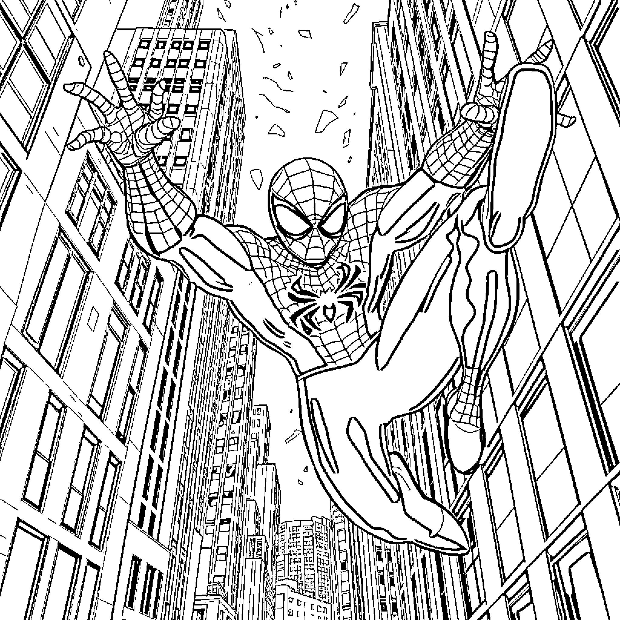 Spiderman swinging through the city skyline Coloring Page (free black-and-white line drawing printable PDF for all, from beginners to advanced learners, including children, teens, adults, and seniors)