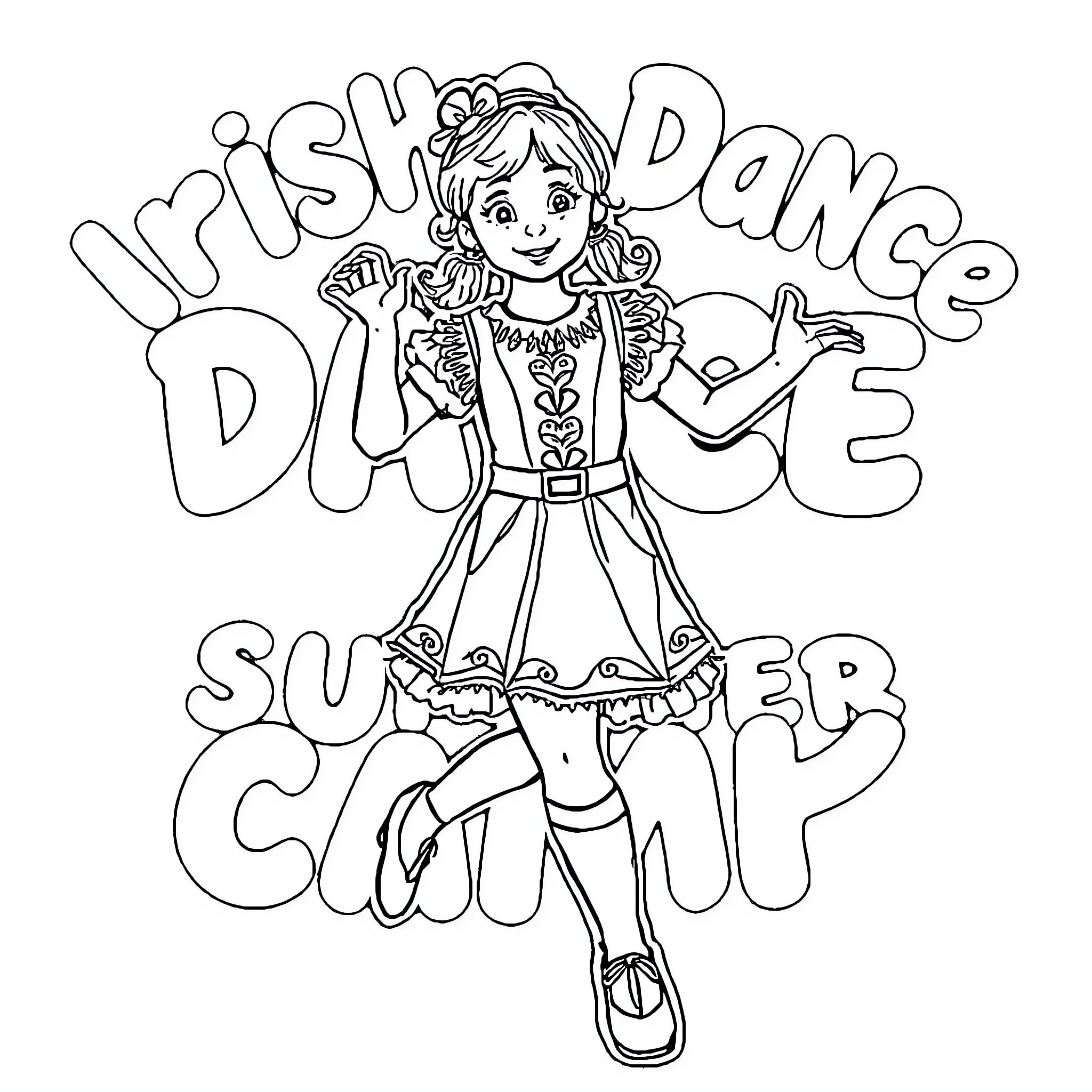 Irish Dancer performing lively dance steps Coloring Page (free black-and-white line drawing printable PDF for all, from beginners to advanced learners, including children, teens, adults, and seniors)