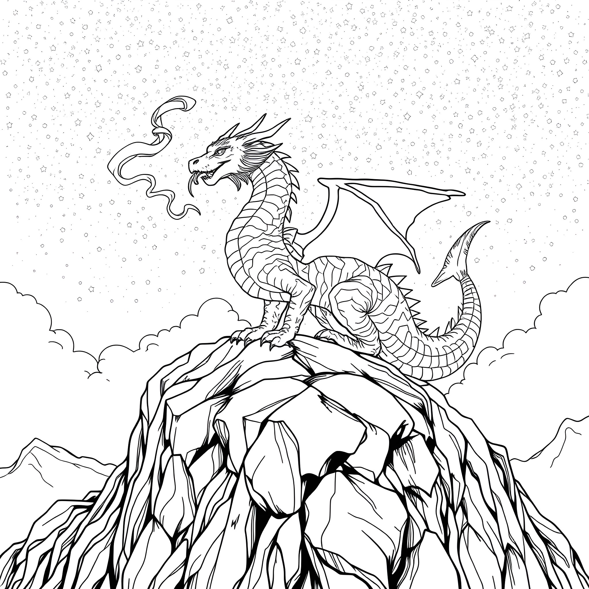 Dragon sitting on a rocky mountain peak Coloring Page (free black-and-white line drawing printable PDF for all, from beginners to advanced learners, including children, teens, adults, and seniors)