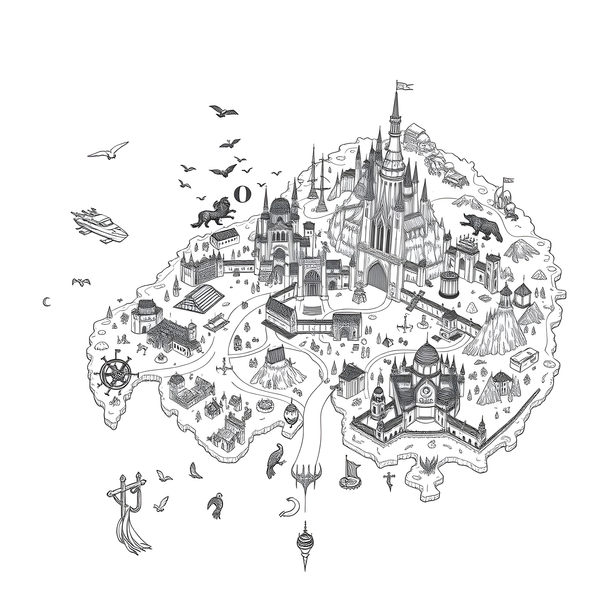 Map of a magical fantasy kingdom with diverse structures and creatures Coloring Page (free black-and-white line drawing printable PDF for all, from beginners to advanced learners, including children, teens, adults, and seniors)