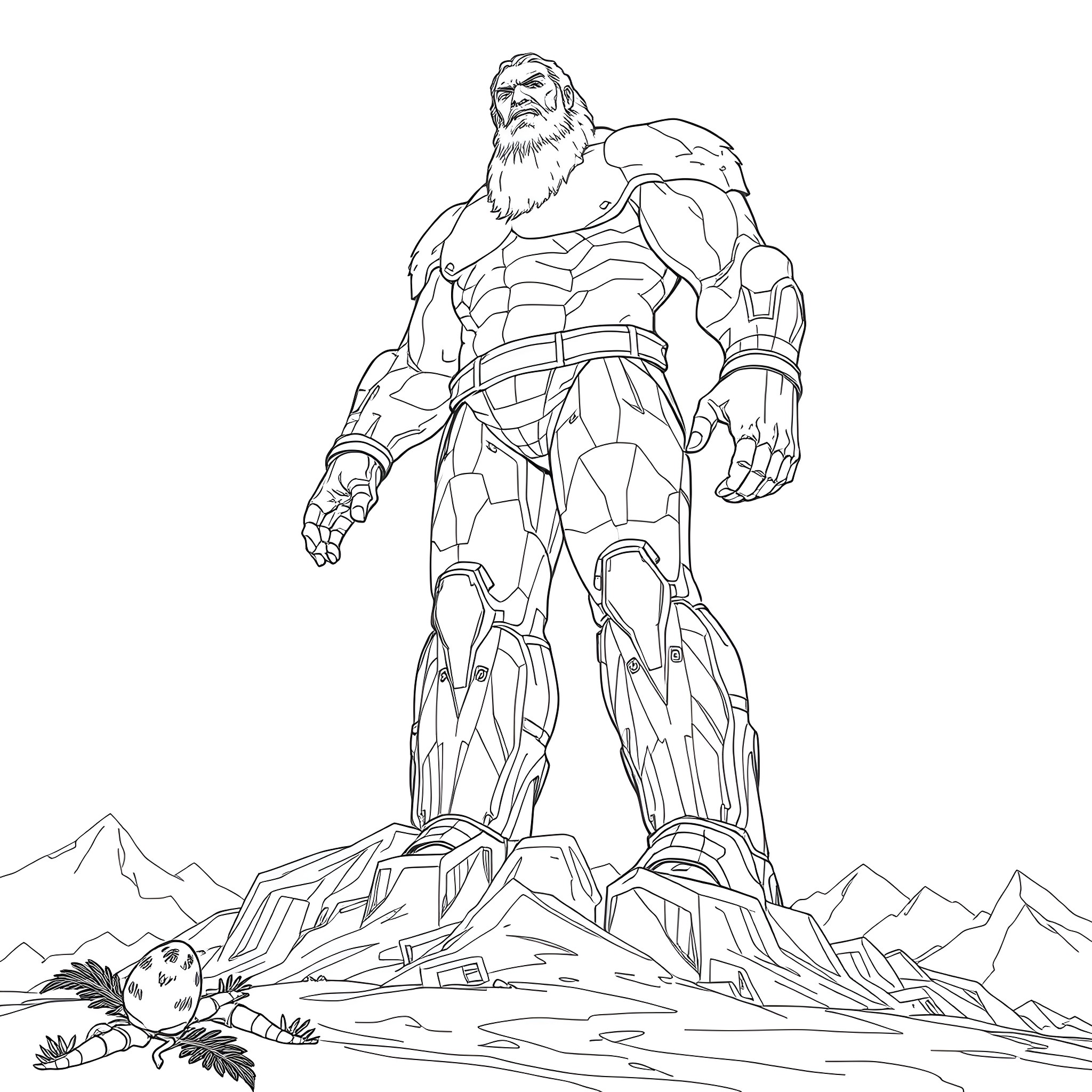 Giant Futuristic Warrior in Dramatic Pose Coloring Page (free black-and-white line drawing printable PDF for all, from beginners to advanced learners, including children, teens, adults, and seniors)