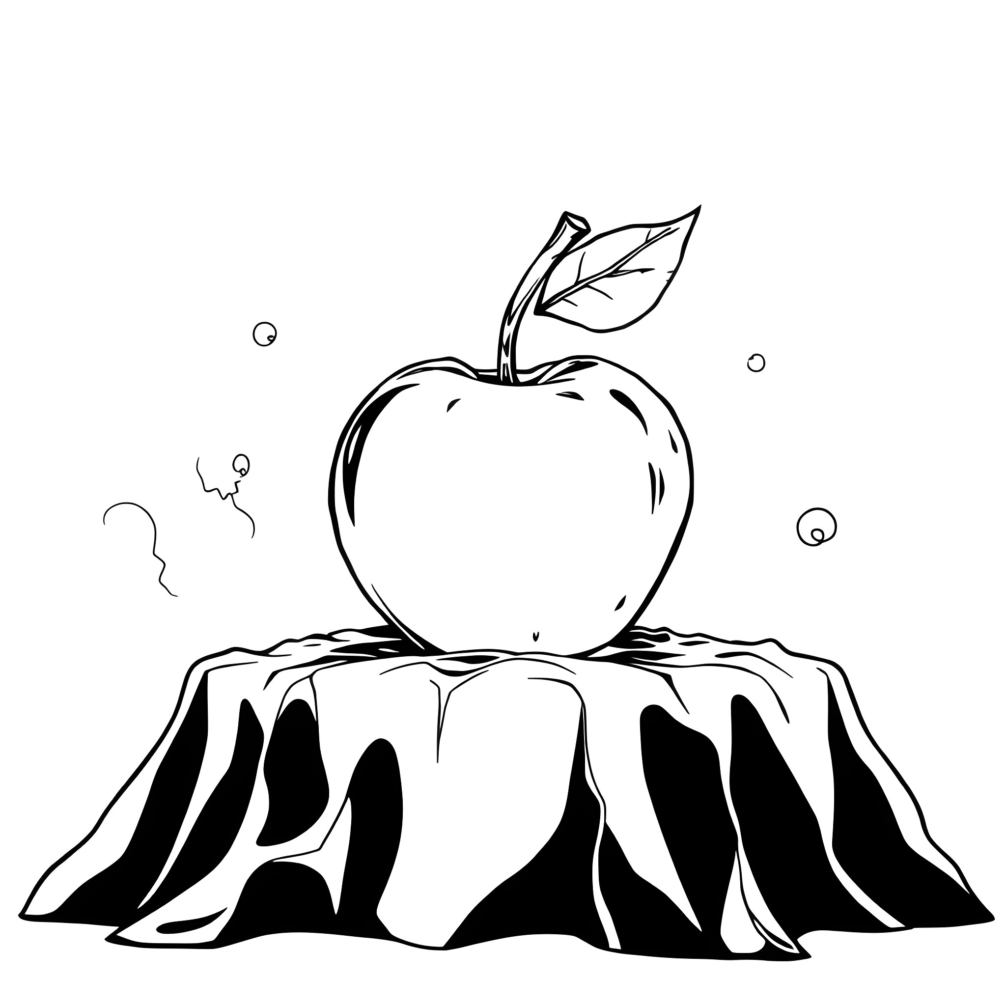 Poison Apple Resting on Melted Stump Coloring Page (free black-and-white line drawing printable PDF for all, from beginners to advanced learners, including children, teens, adults, and seniors)