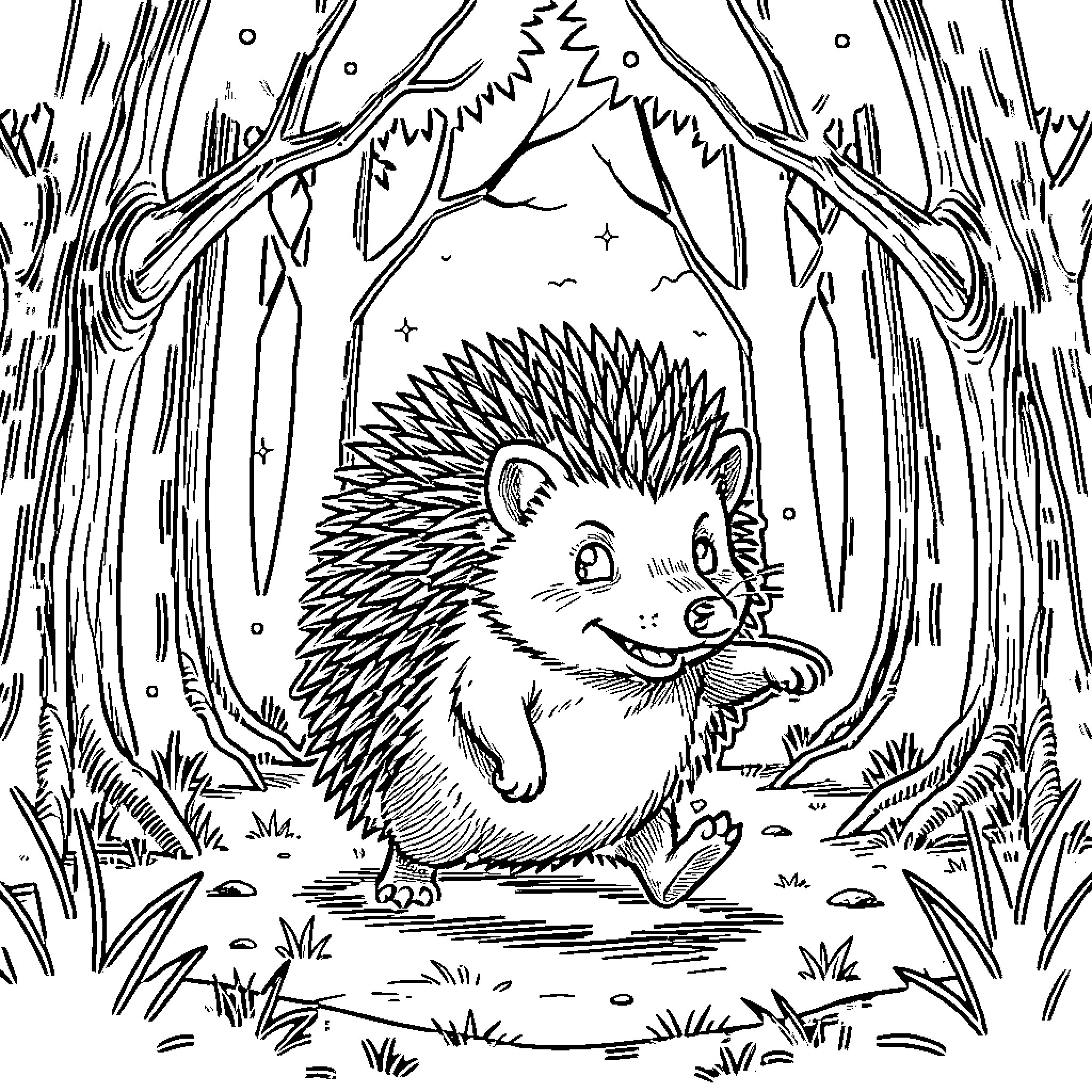 Hedgehog exploring the forest Coloring Page (free black-and-white line drawing printable PDF for all, from beginners to advanced learners, including children, teens, adults, and seniors)