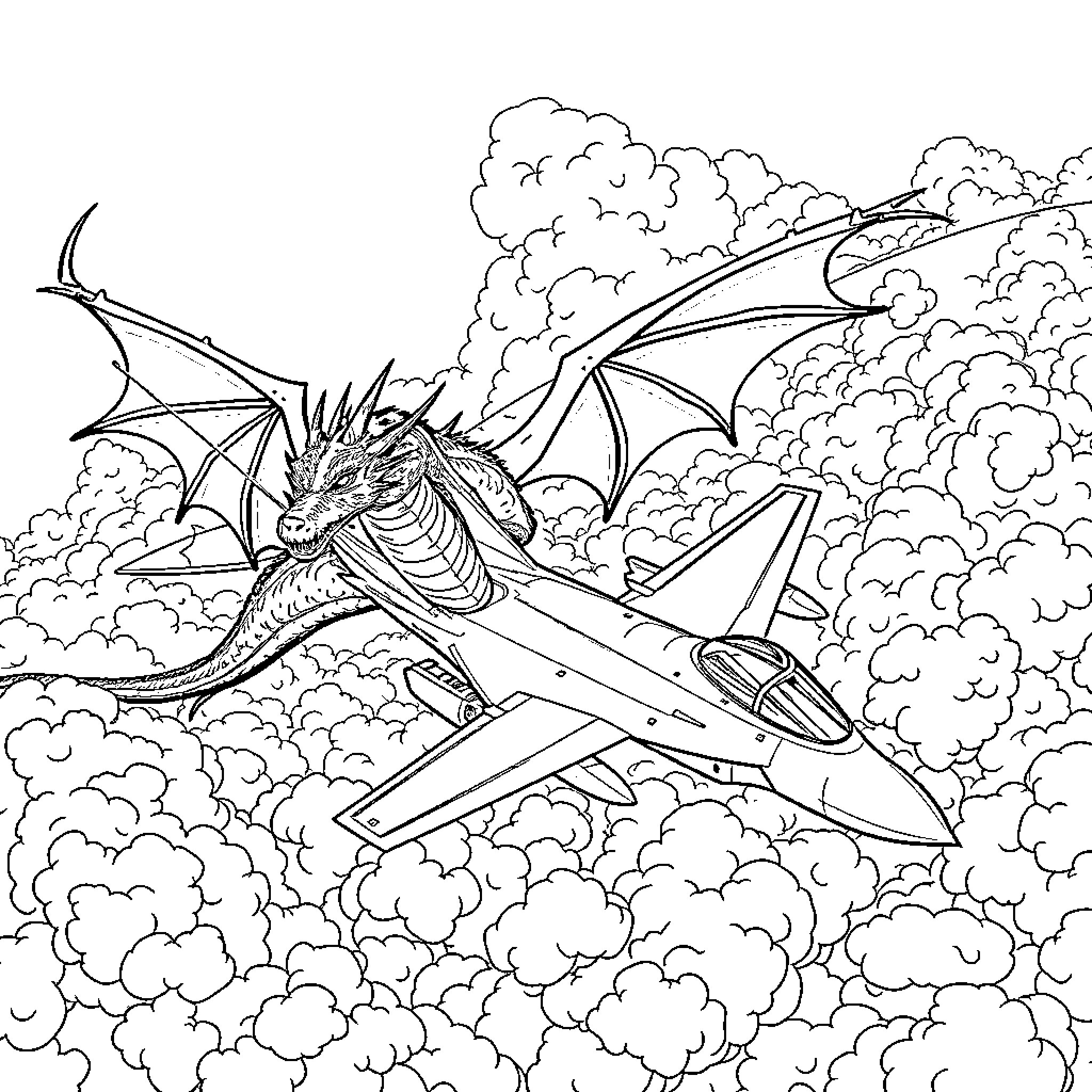 Dragon soaring through the cloudy skies Coloring Page (free black-and-white line drawing printable PDF for all, from beginners to advanced learners, including children, teens, adults, and seniors)