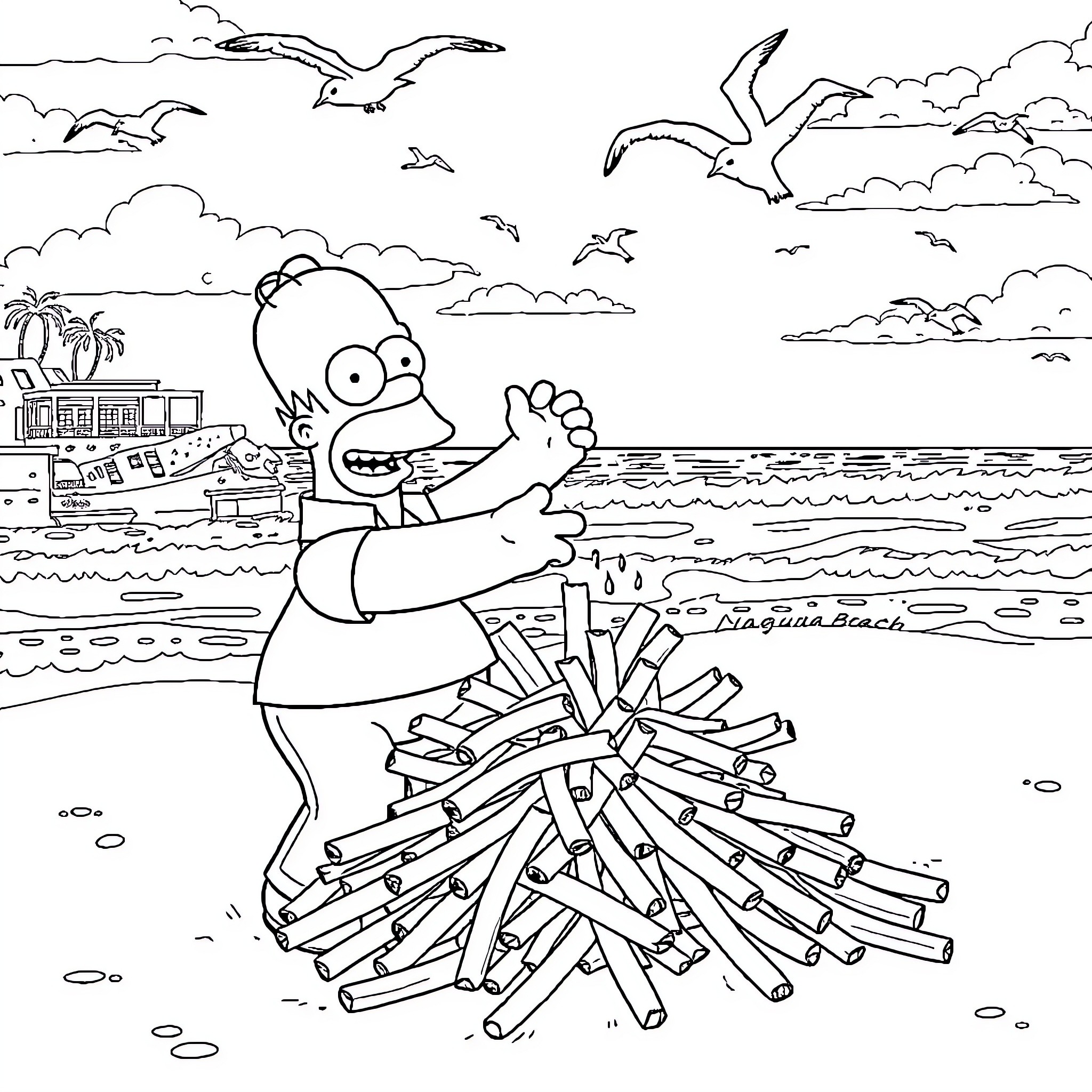Homer Simpson building a bonfire on the beach Coloring Page (free black-and-white line drawing printable PDF for all, from beginners to advanced learners, including children, teens, adults, and seniors)