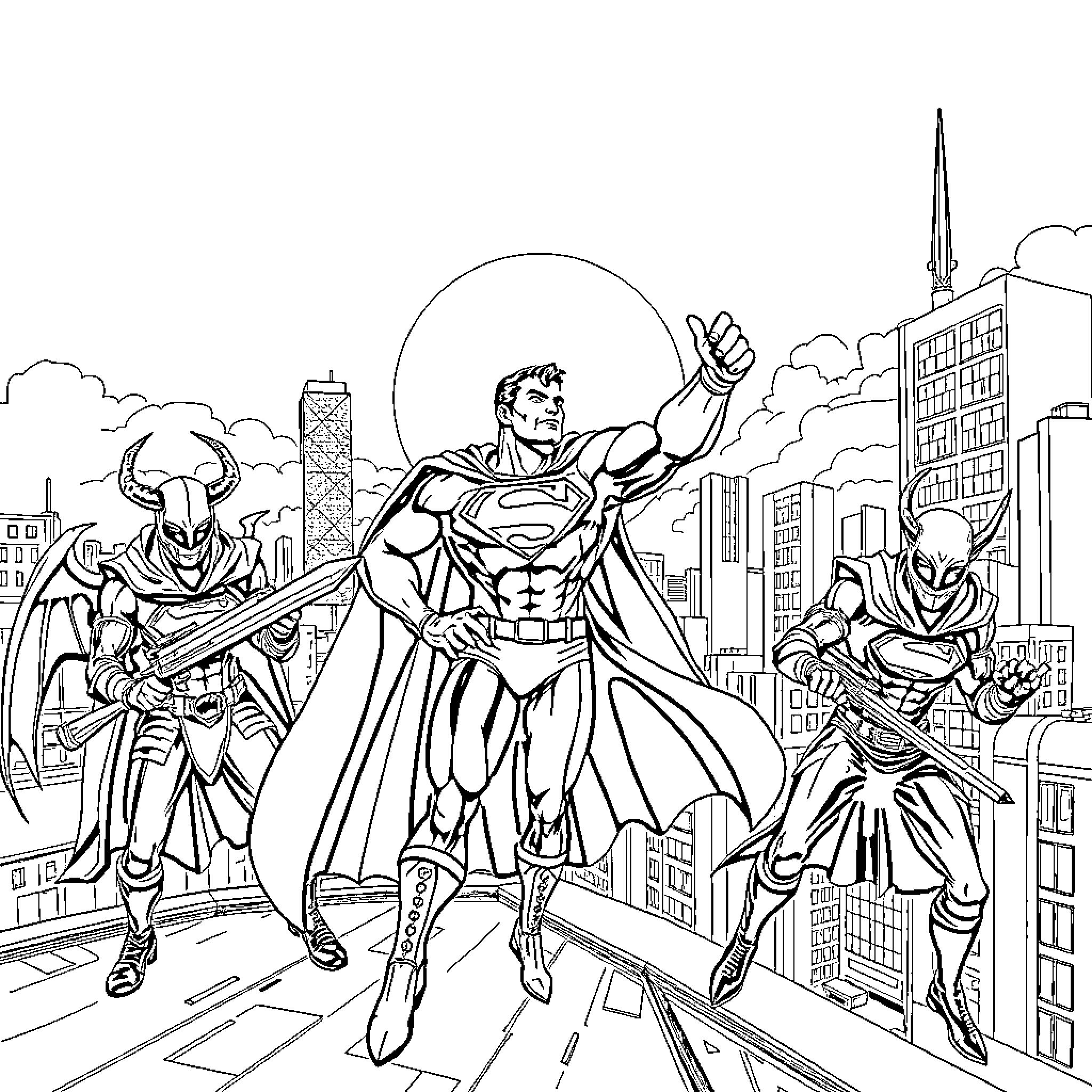 Superman's heroic display in the city Coloring Page (free black-and-white line drawing printable PDF for all, from beginners to advanced learners, including children, teens, adults, and seniors)