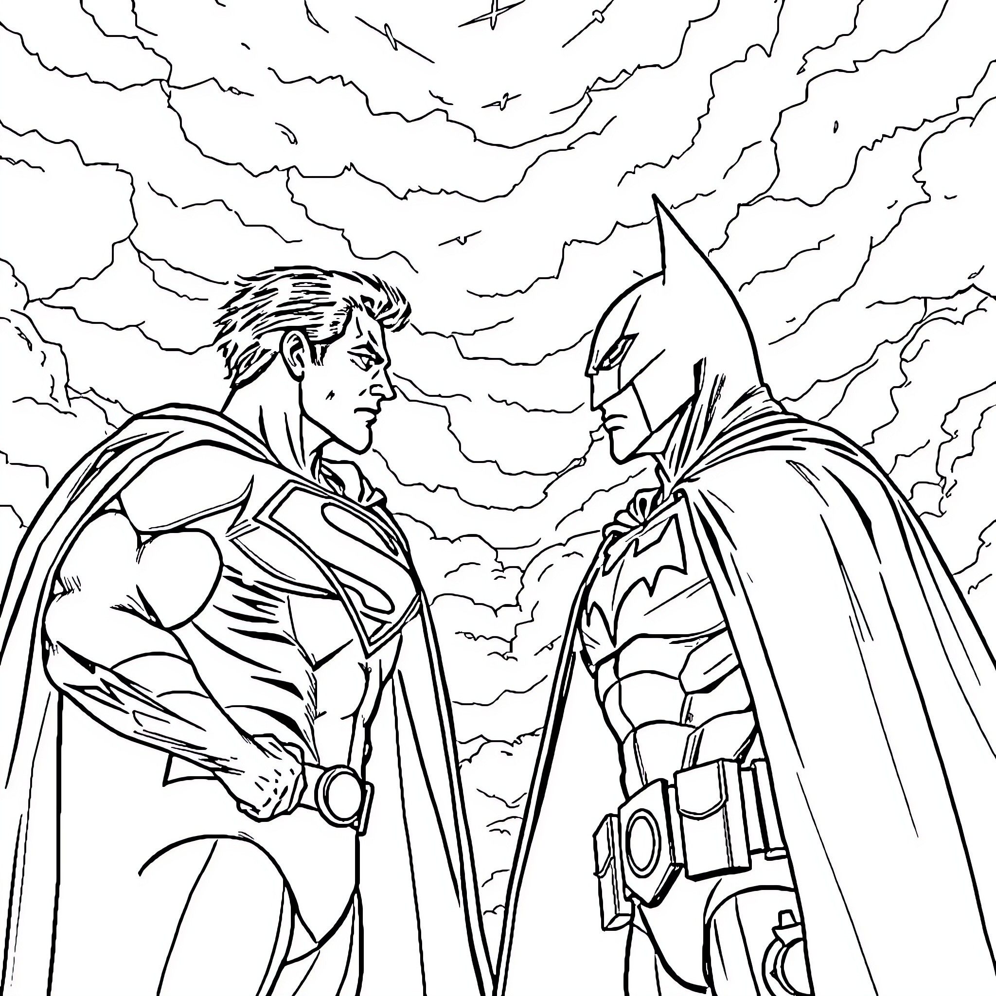 Superman and Batman Face Off in Intense Showdown Coloring Page (free black-and-white line drawing printable PDF for all, from beginners to advanced learners, including children, teens, adults, and seniors)