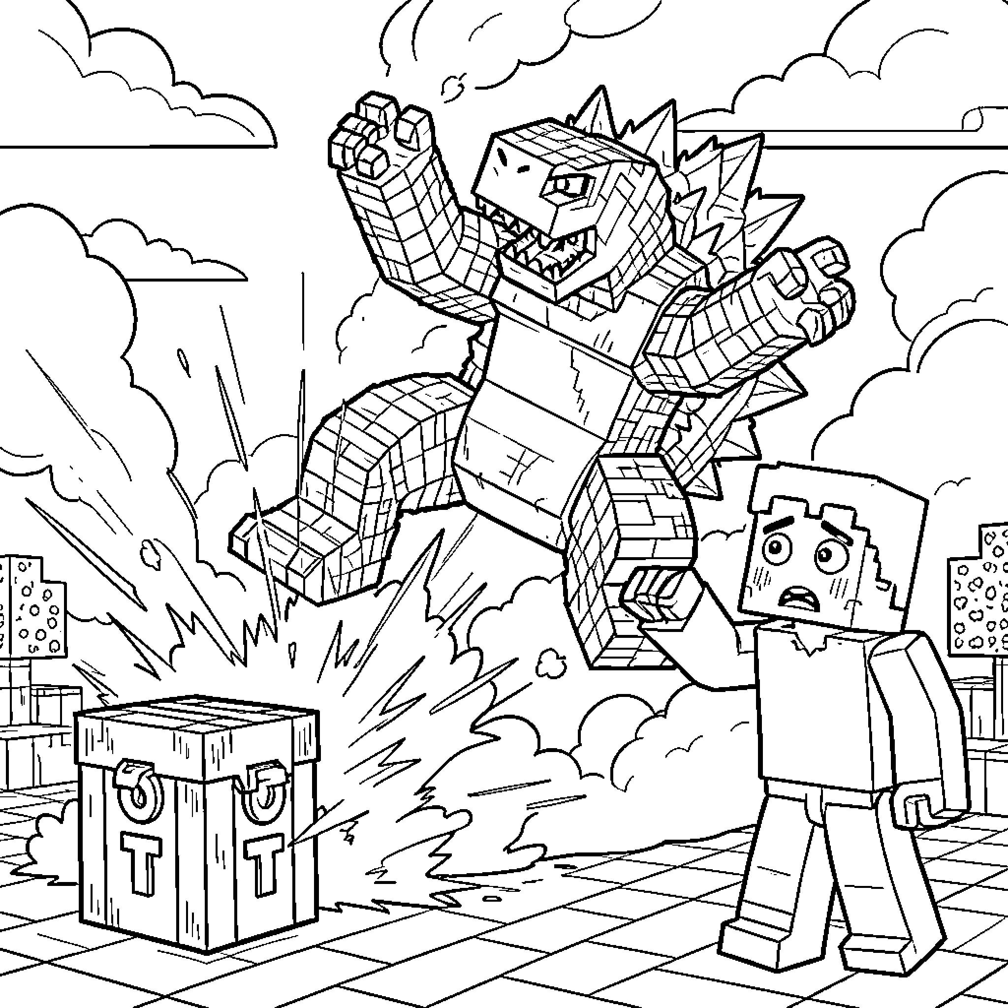 Godzilla Vs. Pixelated City Chaos Coloring Page (free black-and-white line drawing printable PDF for all, from beginners to advanced learners, including children, teens, adults, and seniors)