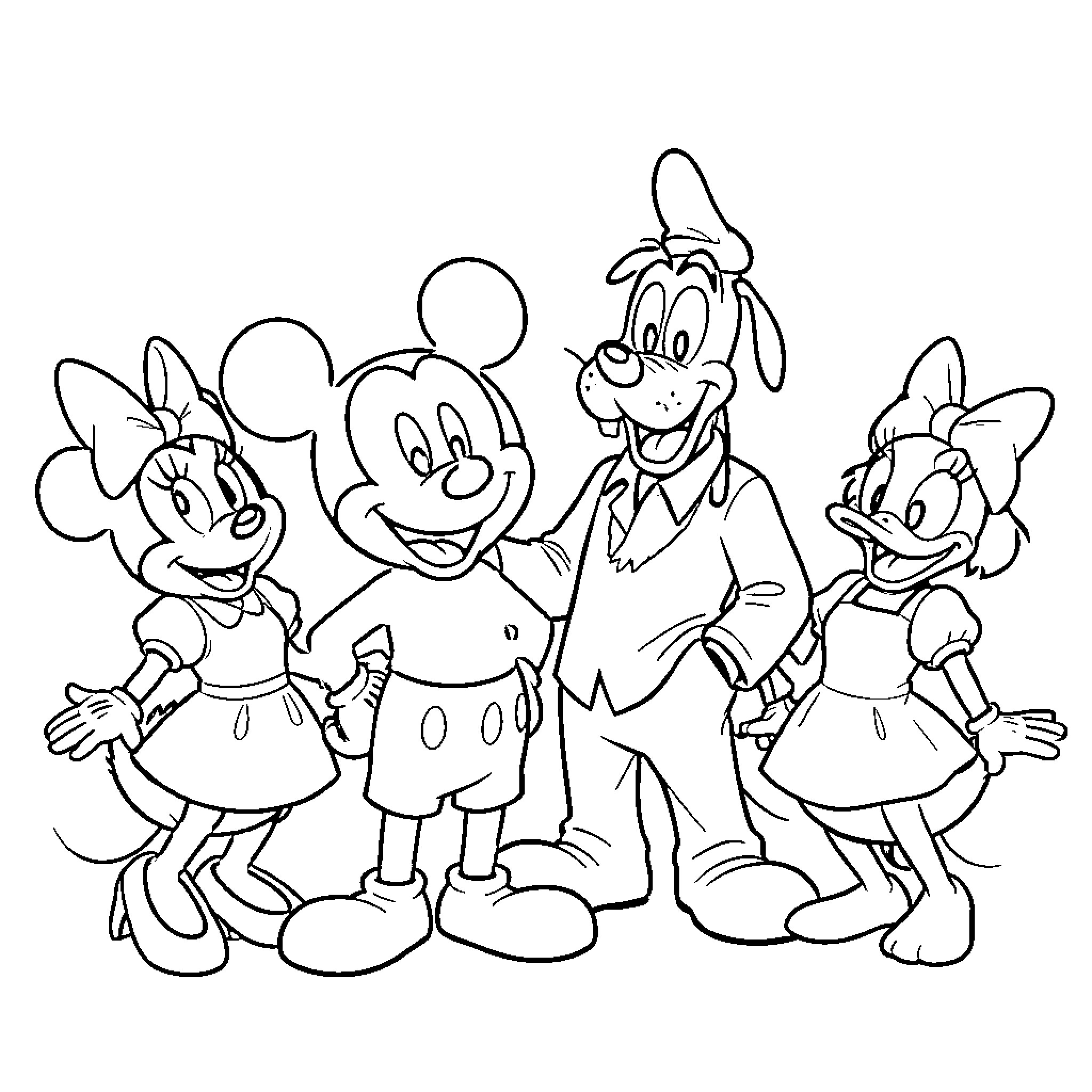 Mickey Mouse and friends in amusing poses Coloring Page (free black-and-white line drawing printable PDF for all, from beginners to advanced learners, including children, teens, adults, and seniors)