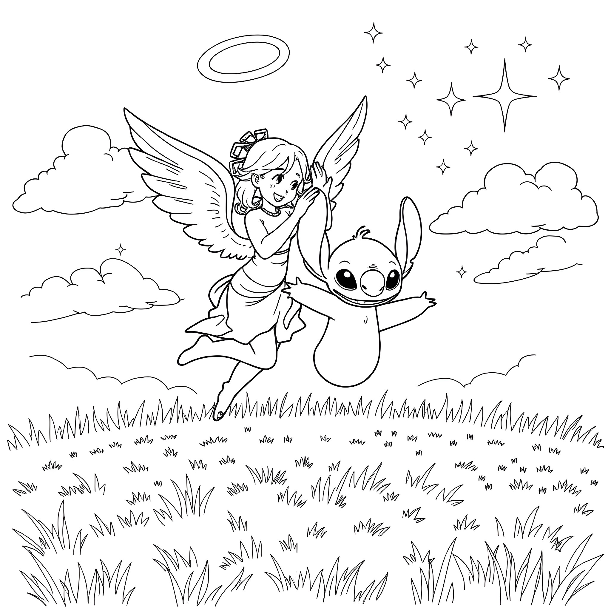 Angel flying with a cute creature in the starry sky Coloring Page (free black-and-white line drawing printable PDF for all, from beginners to advanced learners, including children, teens, adults, and seniors)