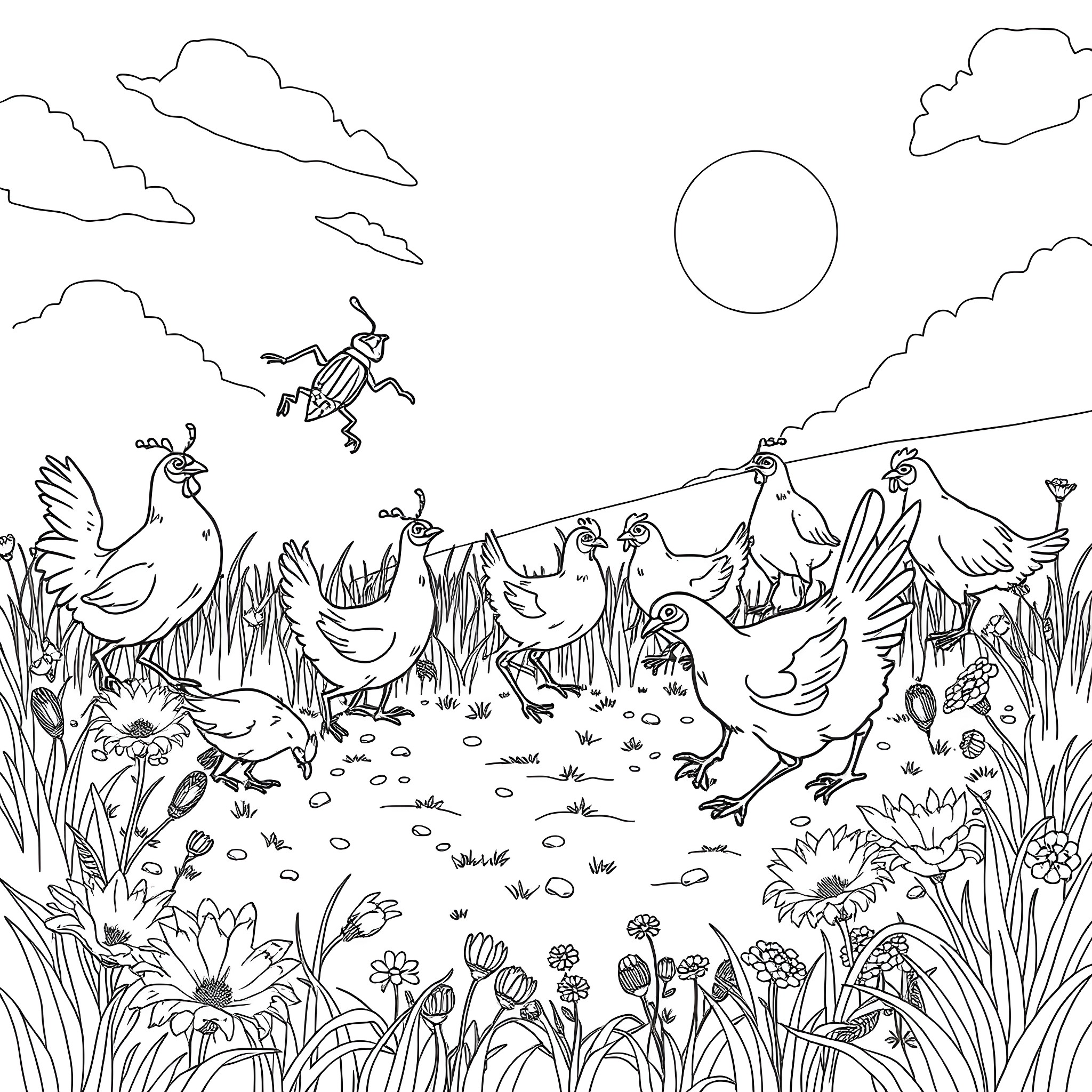 Cricket players in a pastoral scene with chickens Coloring Page (free black-and-white line drawing printable PDF for all, from beginners to advanced learners, including children, teens, adults, and seniors)